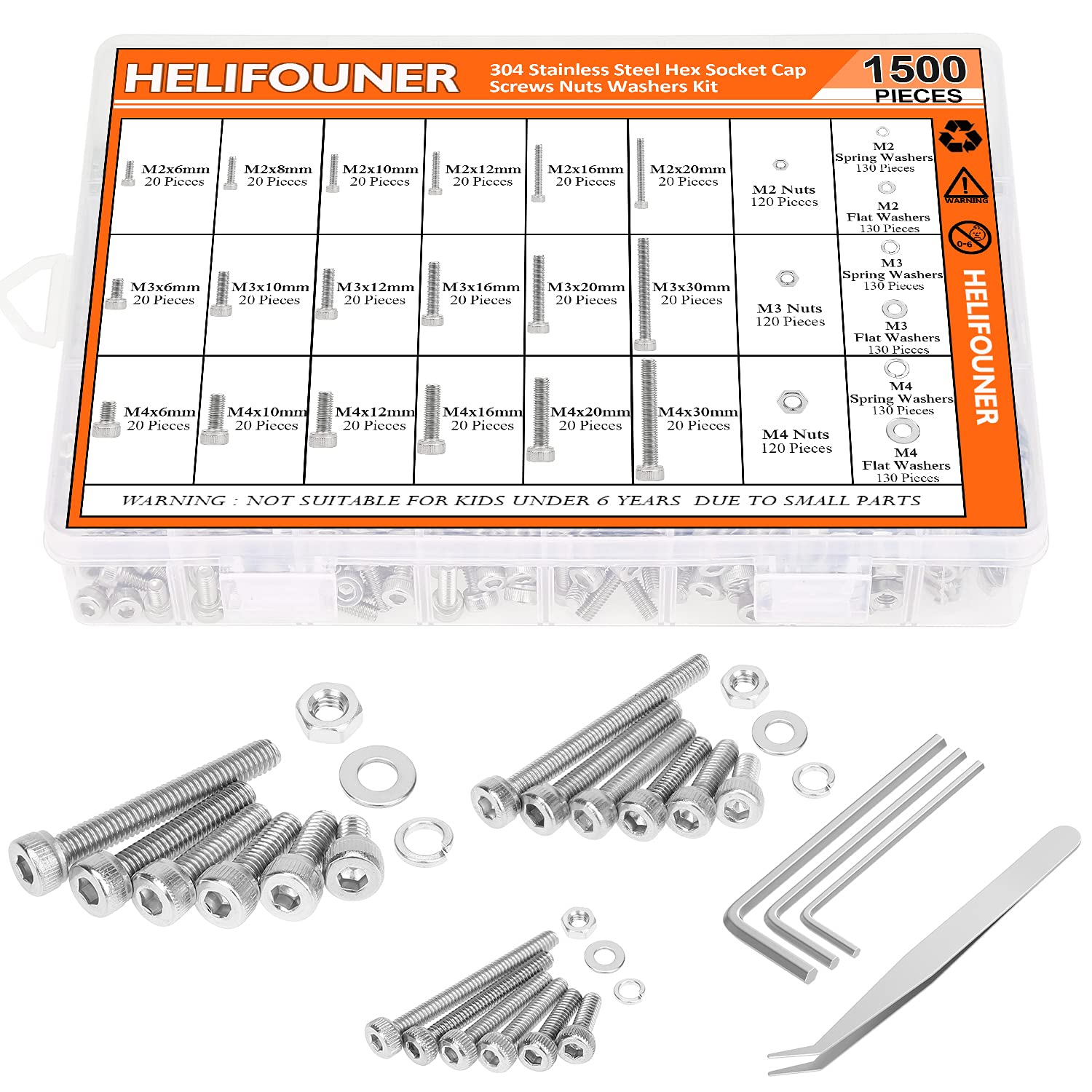 HELIFOUNER 1500 piezas M2 M3 M4, 304 de acero inoxidable, tornillos métricos, tornillos, arandelas, tuercas, kit surtido de herramientas con llaves hexagonales