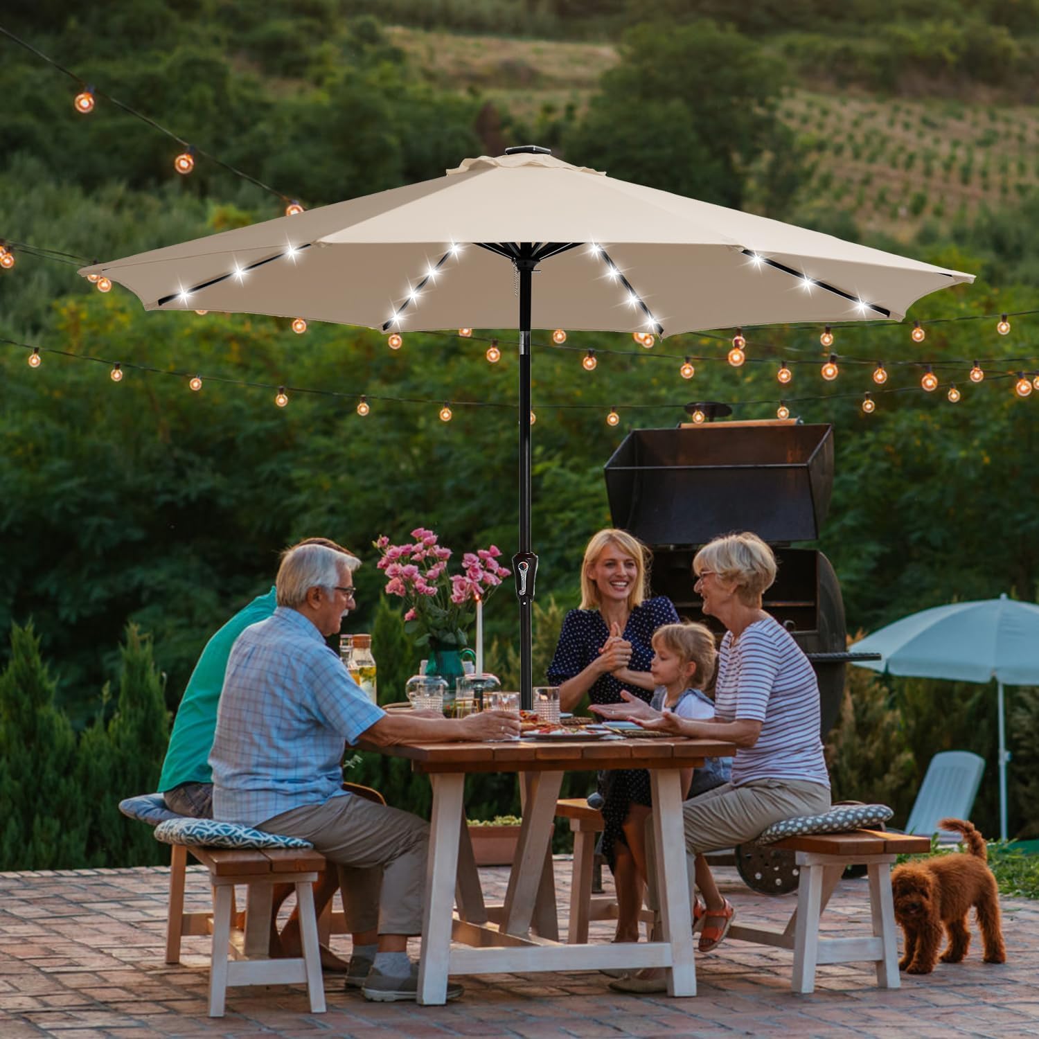 JEAREY 9ft Solar LED Lighted Patio Umbrella, Table Market Umbrella with 8 Ribs/Tilt Adjustment and Crank UV-Resistant Outdoor Umbrella for Garden, Deck, Backyard, Pool and Beach - Beige