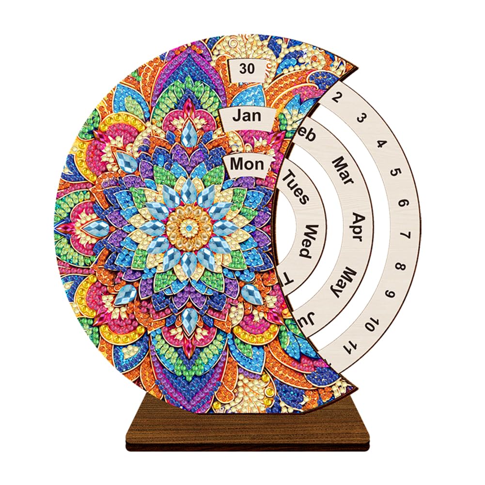 5D DIY Wooden Special Shaped Diamond Painting Moon Perpetual Calendar Kit, Flower Animal Holy Mother Rhinestone Diamond Art Desktop Decorations for Home Office-06