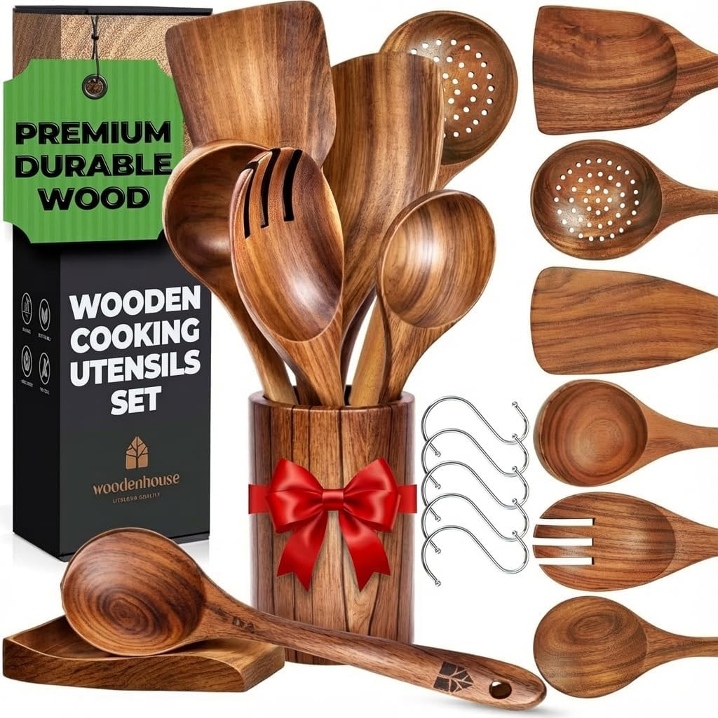Wooden Utensil Set 8 Pcs – Sturdy & Easy to Clean, Natural Teak Wooden Spoons for Cooking – Non-Scratch Cooking Utensils with Spatula, Turner, Ladle, Spoons, Holder, Spoon Rest, 6 Hooks Kitchen Gifts Wooden Utensil Set 8 Pcs – Sturdy & Easy to Clean, Natural Teak Wooden Spoons for Cooking – Non-Scratch Cooking Utensils with Spatula, Turner, Ladle, Spoons, Holder, Spoon Rest, 6 Hooks Kitchen Gifts