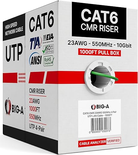 Miniatura 13 de Big-A - Cable Cat6 a granel de 1000 pies, 23 AWG, sólido, 4 pares, cable Ethernet Cat 6 sin blindaje (UTP), cable de Internet de 550 MHz, caja