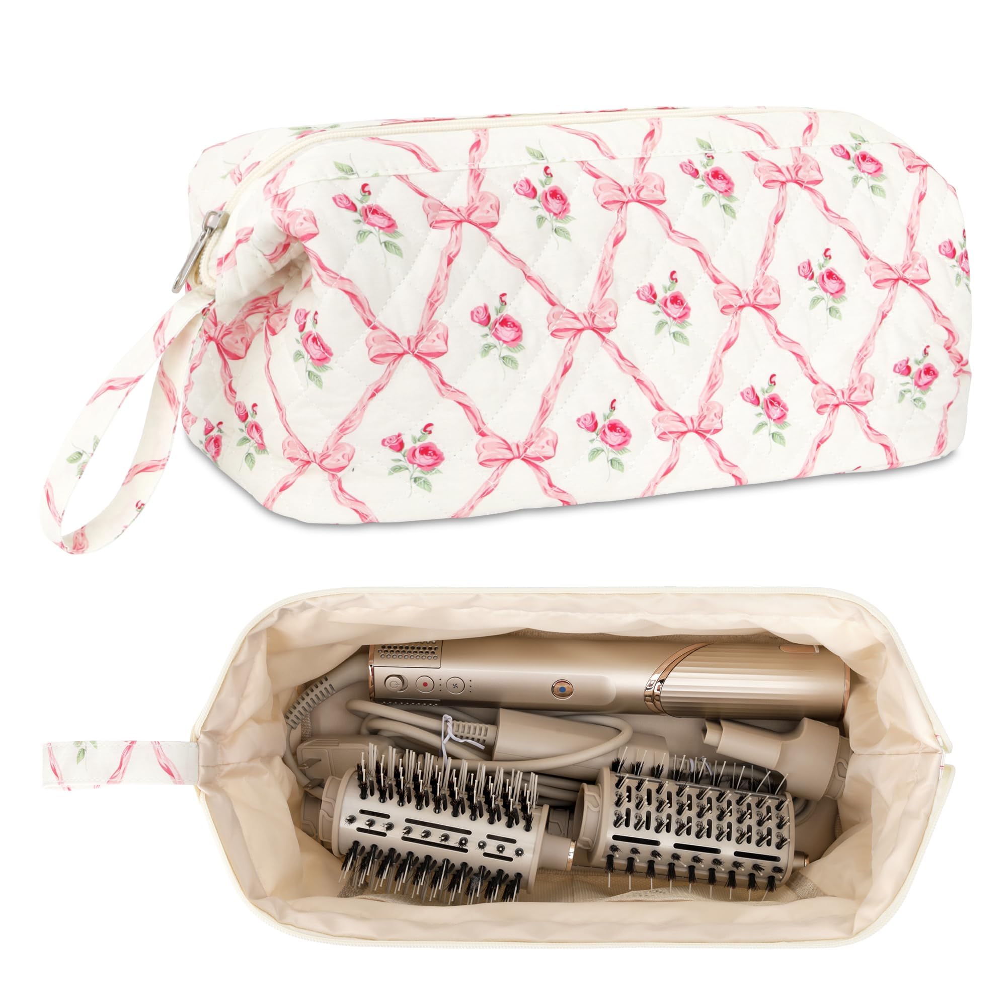 Reise Tasche für Dyson Airwrap Styler und Shark Flexstyle, Organizer für Lockenwickler und Haartrockner, Tragbare Reisetasche Kompatibel mit Dyson Supersonic und Zubehör (Rosa Schleife)