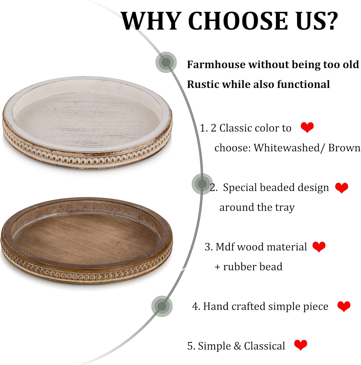 Hanobe Wood Decorative Tray Round: White Washed Bead Tray for Coffee Table Rustic Wooden Trays Decor Farmhouse Kitchen Counter Circle Tray Vintage Centerpiece for Living Room Home Bathroom Organizer : Home & Kitchen