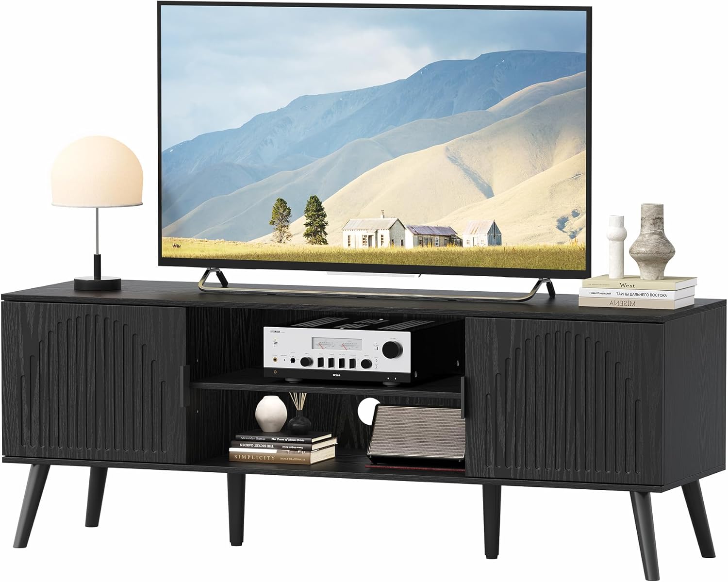 ChooChoo TV Stand for 55/60 Inch TV, Mid Century Modern TV Stand, Entertainment Center with Storage Cabinet and Open Shelves, TV Console Table Media Cabinet for Living Room, and Bedroom, Black