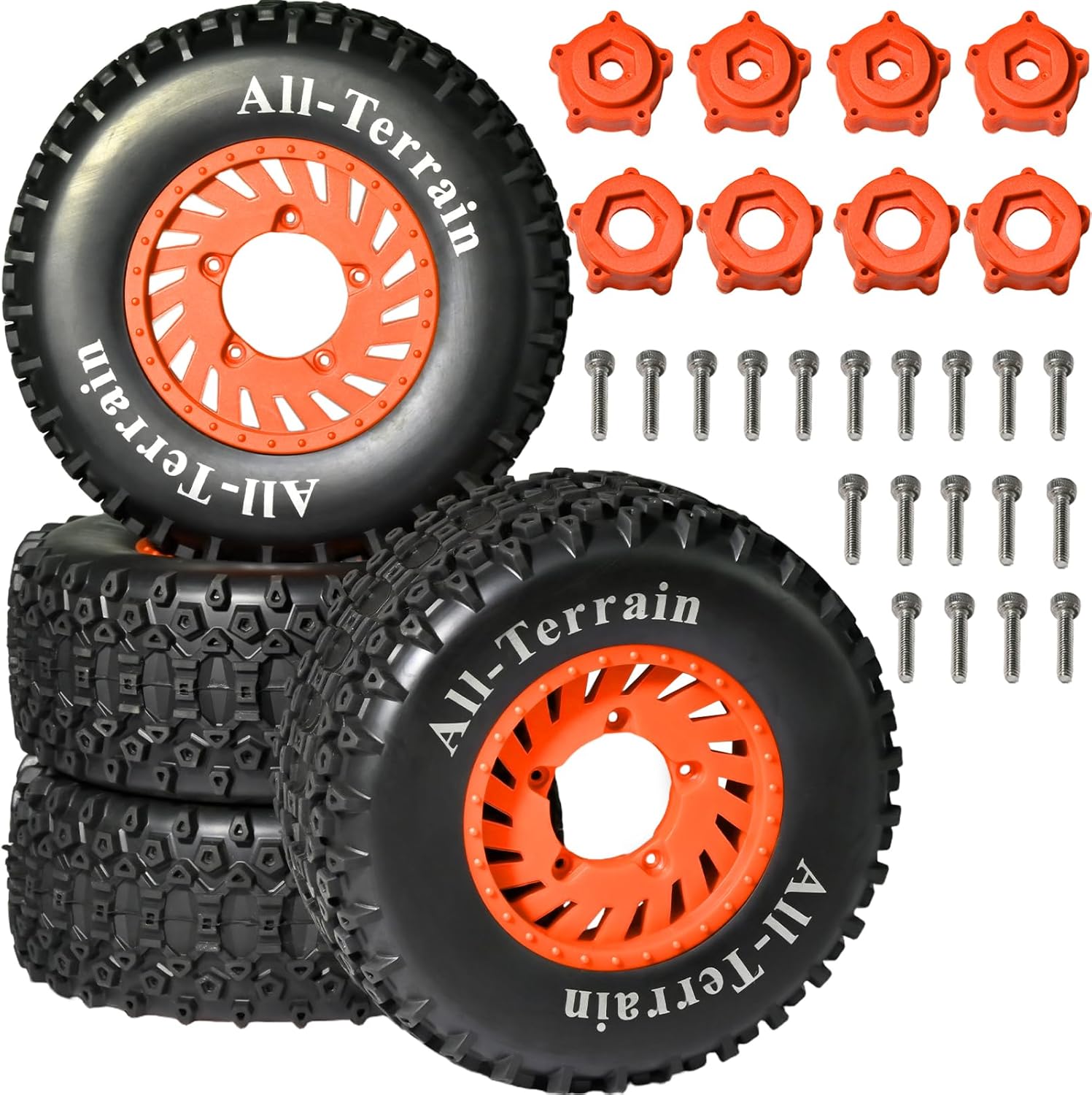 4PCS 1/10 RC Short Course Truck Tires, All-Terrain Rubber Tires and Nylon Wheels with 12mm/17mm Hex Compatible with 1/10 TSlash 4WD 2WD 4x4 Arrma Senton Axial Losi Redcat, Orange