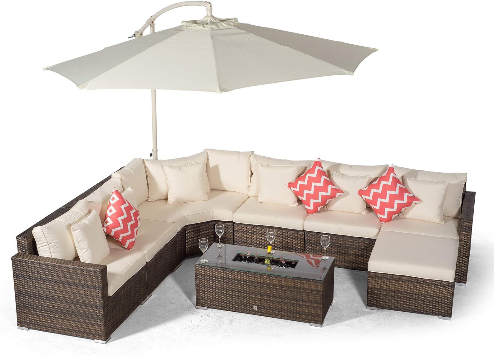 Giardino Santorini 6 Seat Brown Rattan Corner Sofa Set + Large Ice Cooler Table + Ottoman, Parasol + Outdoor Furniture Cover | L Shaped Outdoor Corner Sofa | 9 pc Patio Poly Rattan Garden Sofa Set