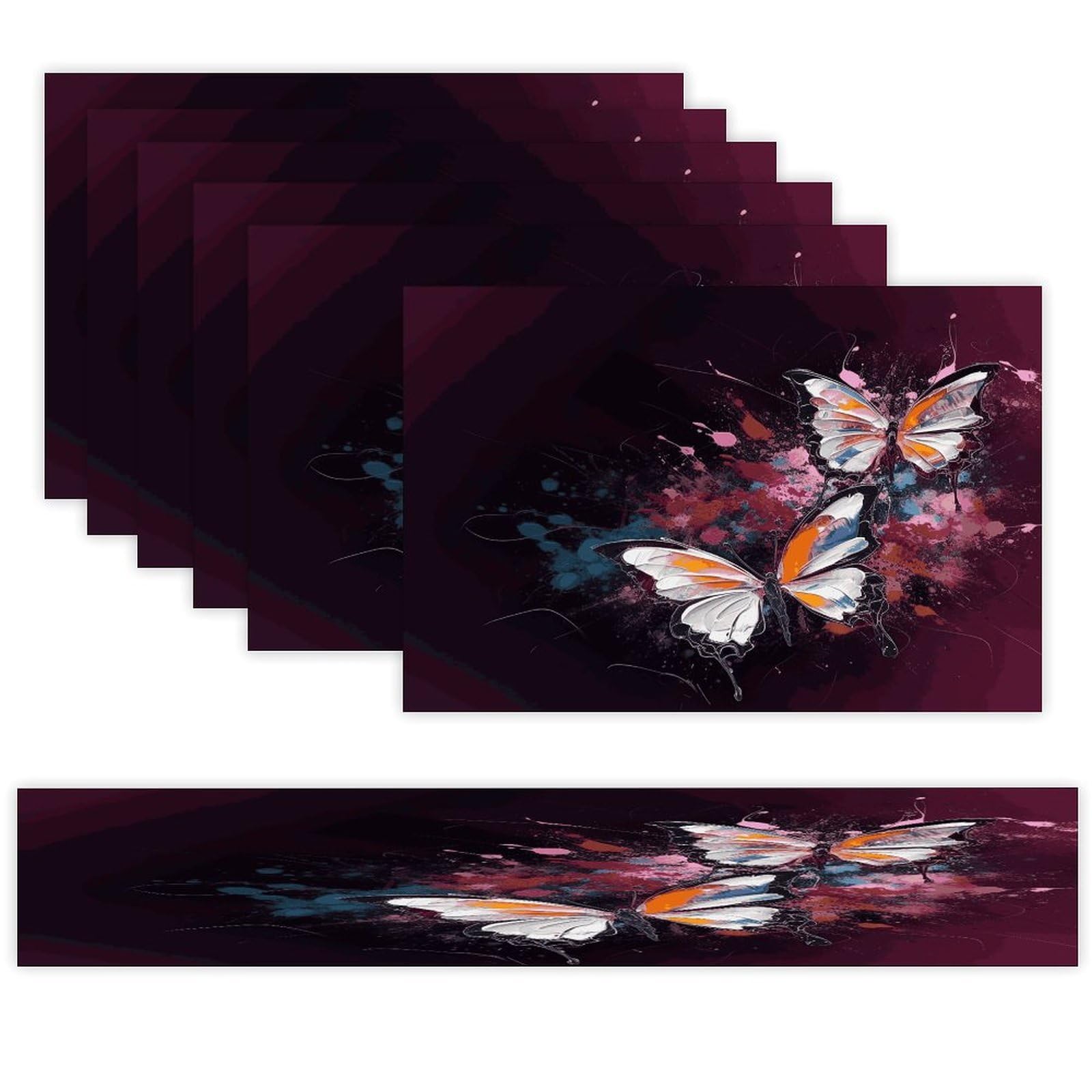 Abstract Butterfly Table Runner and Placemats Set of 6 Wipe Clean Heat Resistant Table Mat with Table Runner Decorations Flax Linen Place Mat Set for Home Kitchen Party Supplies