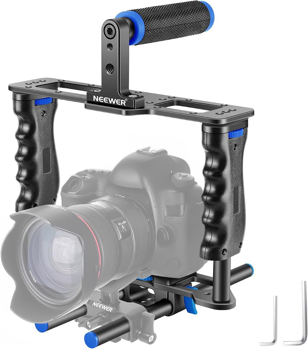 Camera Video Cage Film Movie Making Kit, Aluminum Alloy with Top Handle, Dual Hand Grip, Two 15mm Rods, Compatible with Canon Sony Fujifilm Nikon DSLR Camera and Camcorder (Black + Blue)