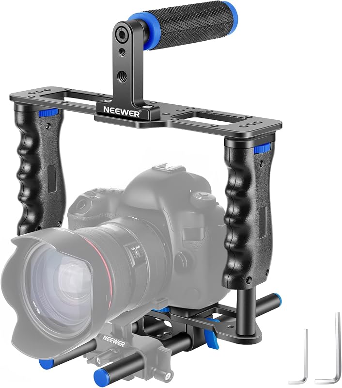 Camera Video Cage Film Movie Making Kit, Aluminum Alloy with Top Handle, Dual Hand Grip, Two 15mm Rods, Compatible with Canon Sony Fujifilm Nikon DSLR Camera and Camcorder (Black + Blue)
