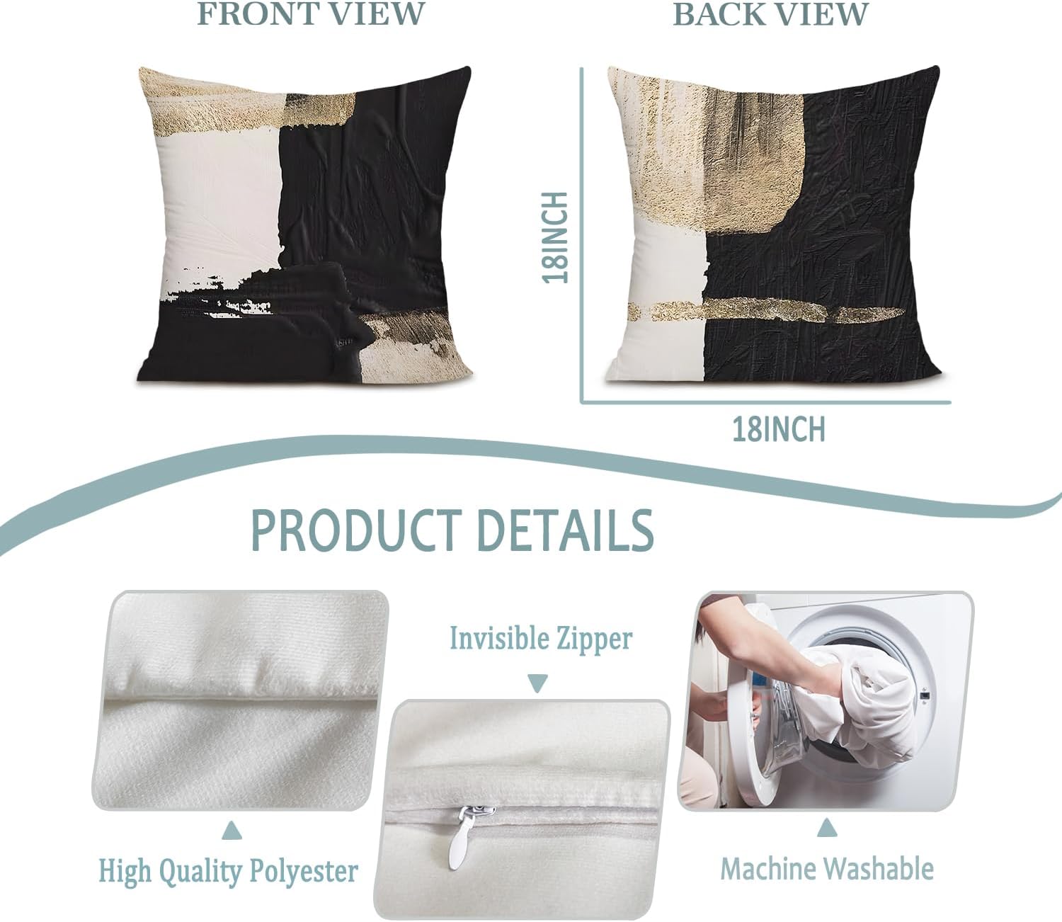 Black and Gold Pillow Covers 18x18, Black and Gold Decorative Throw Pillow Covers Cushion Cases for Couch Sofa Bed Living Room Bedroom Car Set of 2 - Image 6