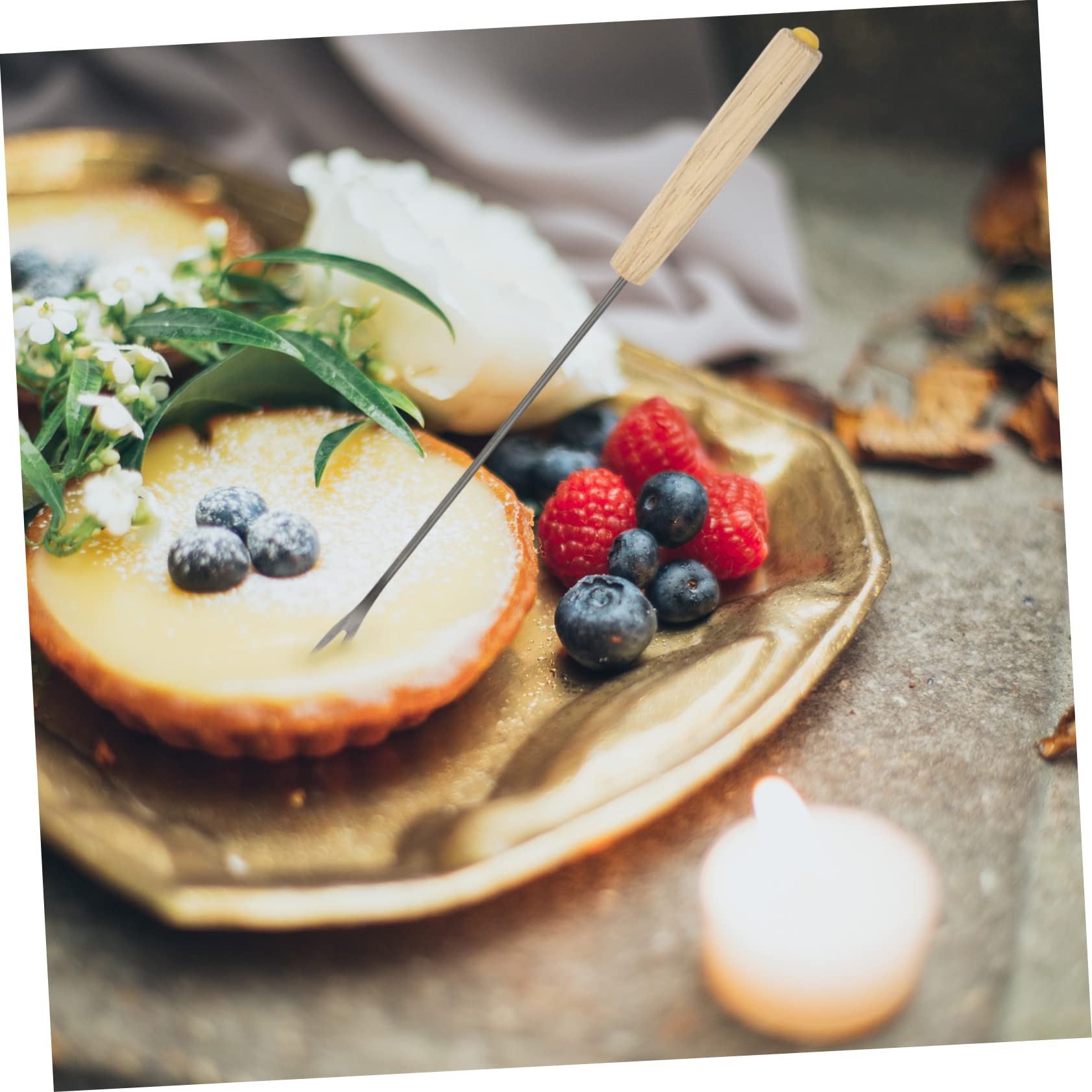 BRIGHTFUFU Oak Fork Set 2pcs Stainless Steel Hot Pot Forks Round Handles for Comfortable to Hold