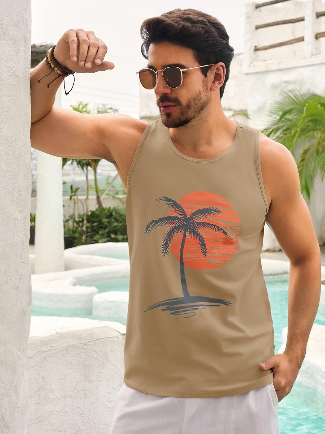 Mens Sleeveless Tank Tops Workout Gym Shirts Palm Tree Vintage Style T-Shirt - Image 2