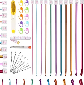 Reessy 32 Pcs Tunisian Crochet Hooks Set, 27 cm Long Aluminium Tunisian Crochet Hook, 11 Sizes 2.0-8.0 mm Afghan Tunisian Crochet Needles Set for Beginners Adults