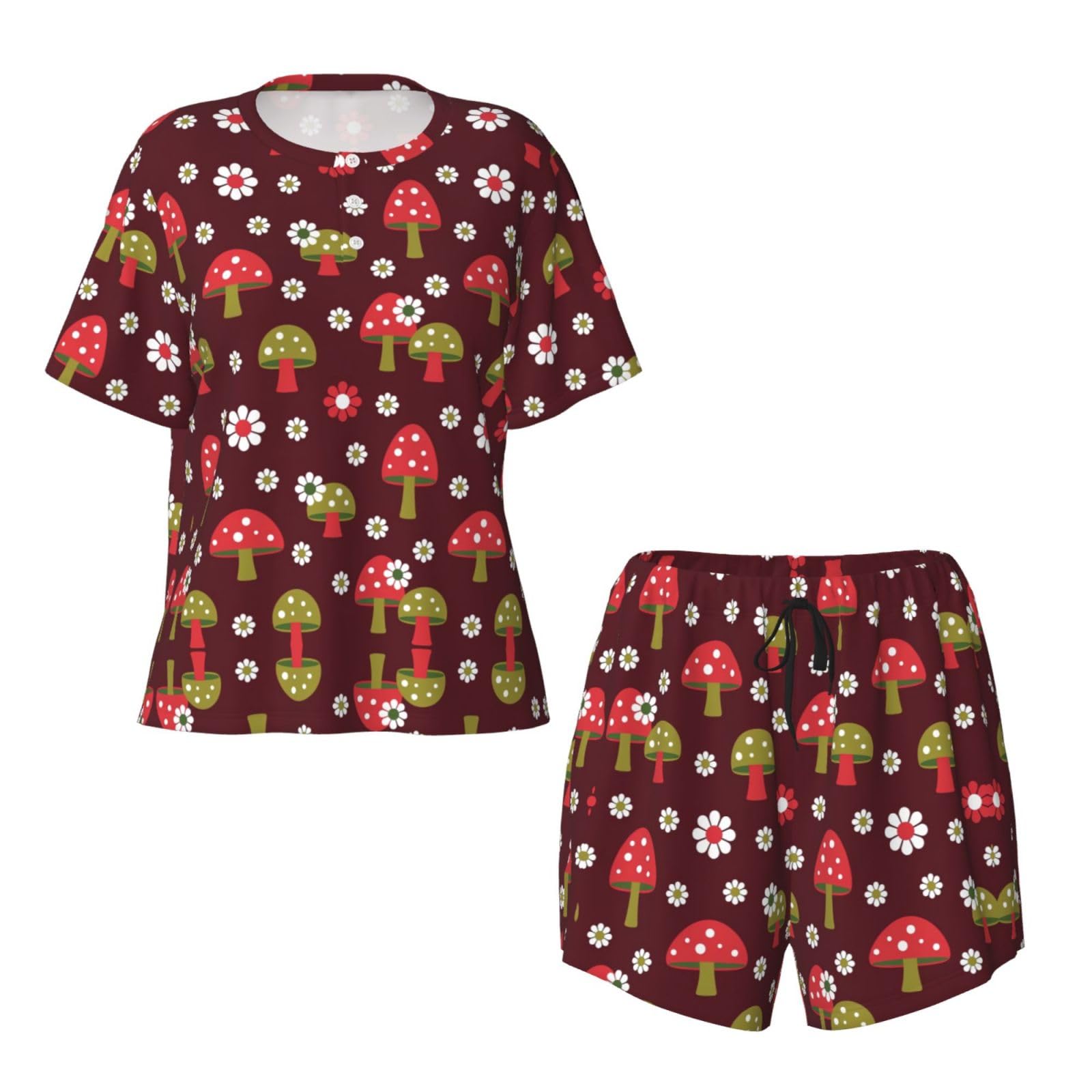 Conjunto de pijama de manga corta para mujer, pijama con estampado artístico de hongos brillantes para otoño e invierno, ropa de descanso con botones, ropa casual