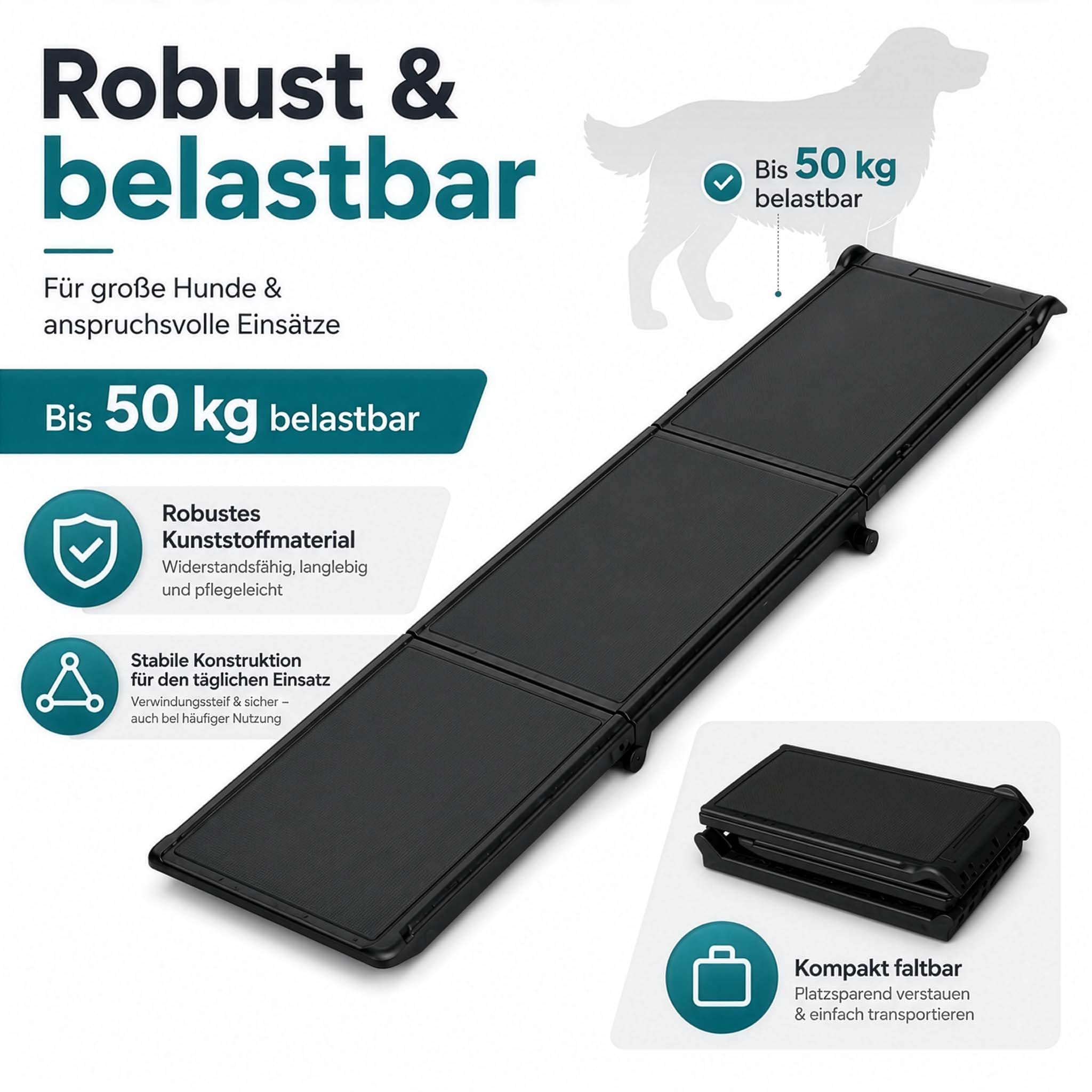 Wiltec Rampa dla psów 180 x 40 cm, nośność 50 kg, składana na trzy części, antypoślizgowa rampa samochodowa dla psów, składana pomoc do wsiadania wykonana z PP