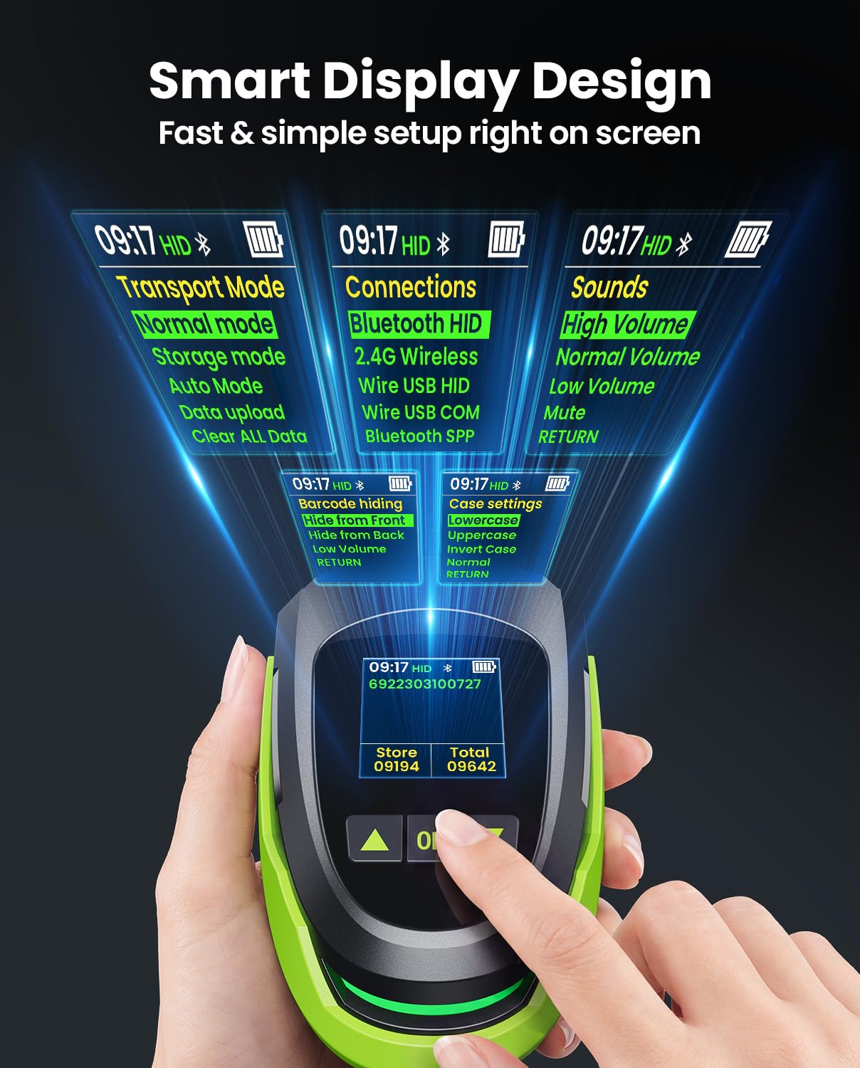 Eyoyo Escáner de Códigos de Barras 1D 2D QR con Pantalla y Base Triple Conexión Bluetooth Inalámbrico 2.4G y Cableado Compatible con iOS Android Windows