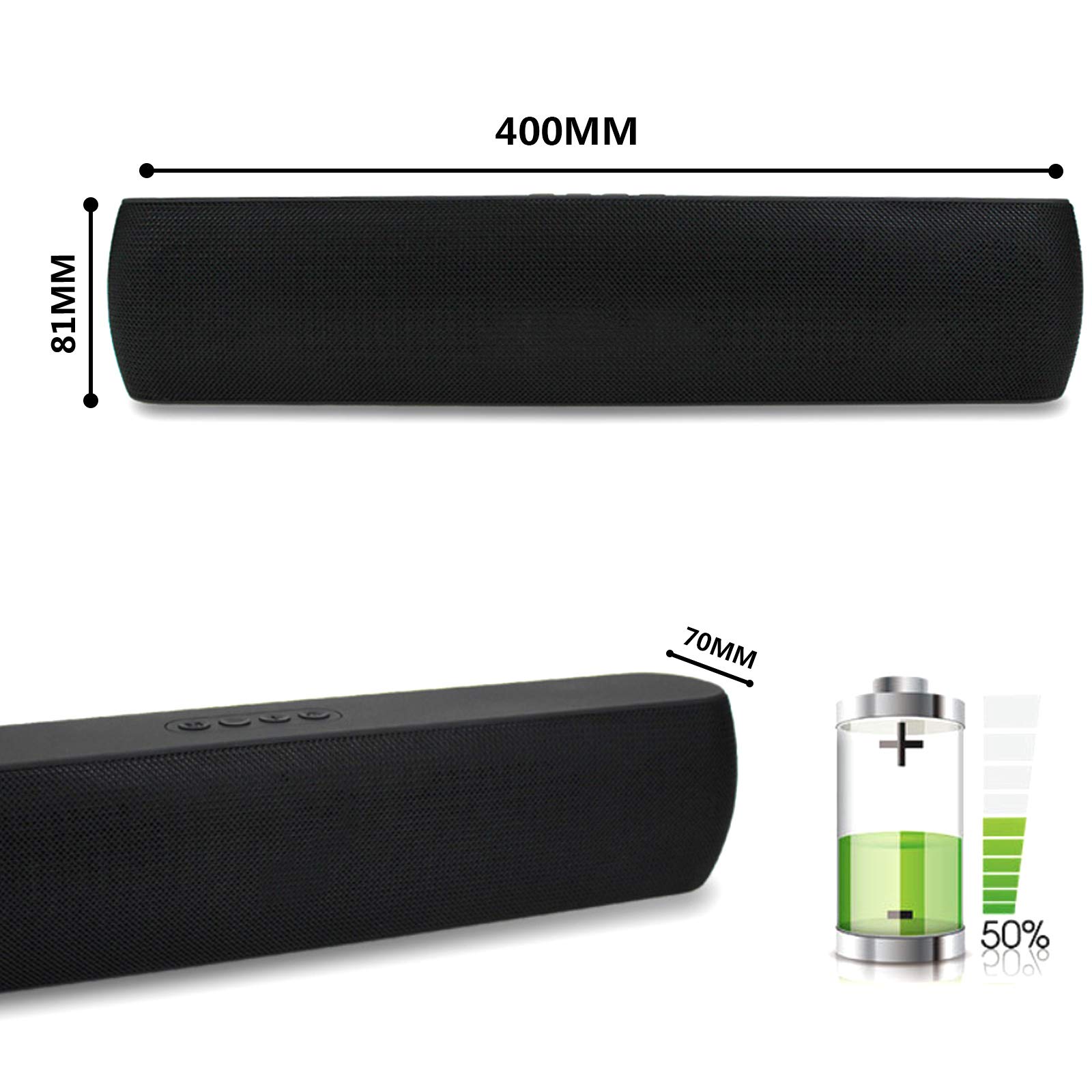 Soundbar Bluetooth 5.0 Con Batteria 2400mAh - Altoparlante HiFi USB Per PC, Telefono (Nero) - 5