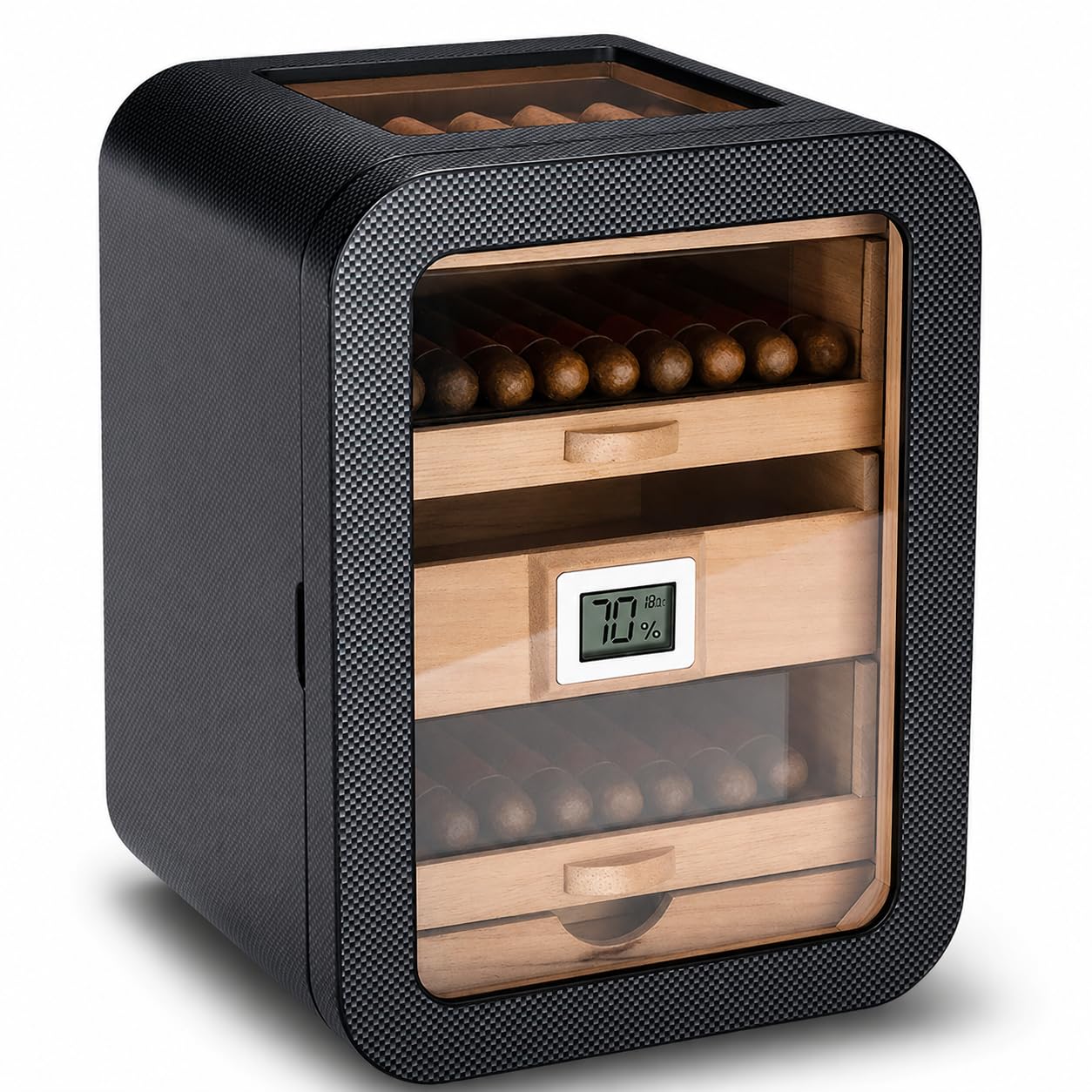 Humidificador electrónico para puros con higrómetro, humidificador, capacidad para 110 puros y circulación de aire de 360 grados (negro B)