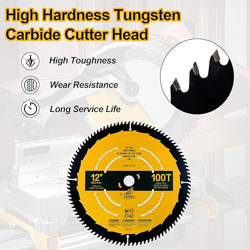 Miniatura 4 de Hoja de sierra ingletadora de acabado fino 100T de 12 pulgadas, compatible con DEWALT, madera, árbol de 1 pulgada, 100 dientes, 12 pulgadas, acero