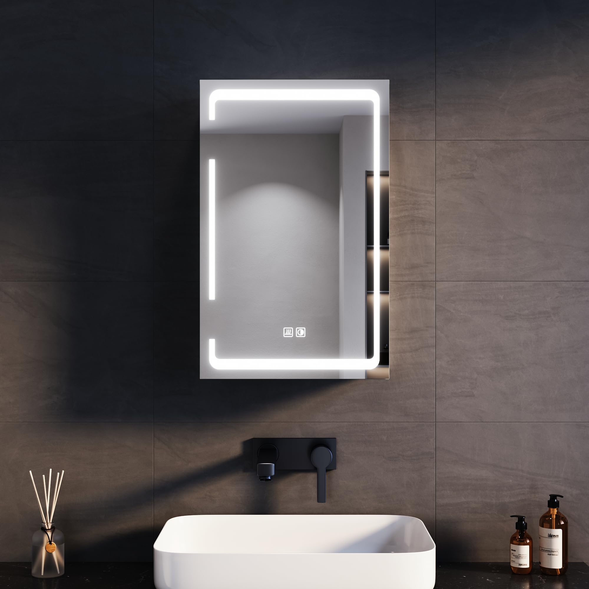 SONNI Armario Espejo Baño con Luz 38 x 60 cm Bisagra Conductora Antivaho,Interruptor Táctil,Espejo de Baño con Armario y LED,Enchufe para Afeitadora