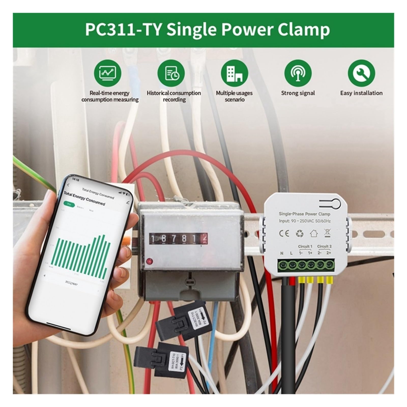 Medidor De Energía Wifi Tuya Smart Life 80A Con Aplicación De Abrazadera 1/2 CT Kwh Monitor De Consumo De Energía Estadísticas De Electricidad 90- 250VAC 50/60Hz Monitoreo del consumo de energía ( Col