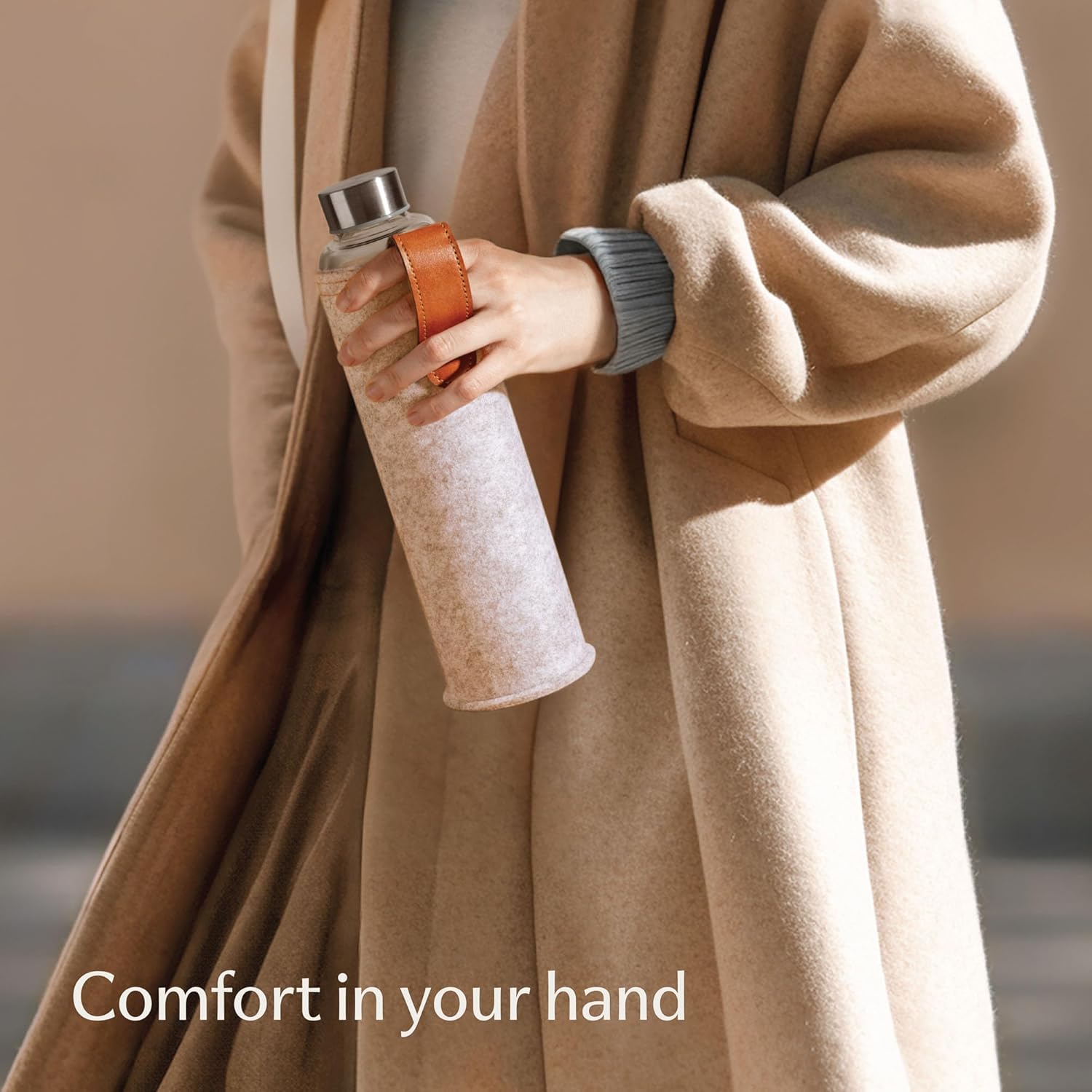 Cosumy Glass Water Bottle 25oz with Felt Sleeve - Borosilicate Glass - Leakproof Lid - BPA Free - Ideal for Work, Travel & Gym (Beige) - Image 2