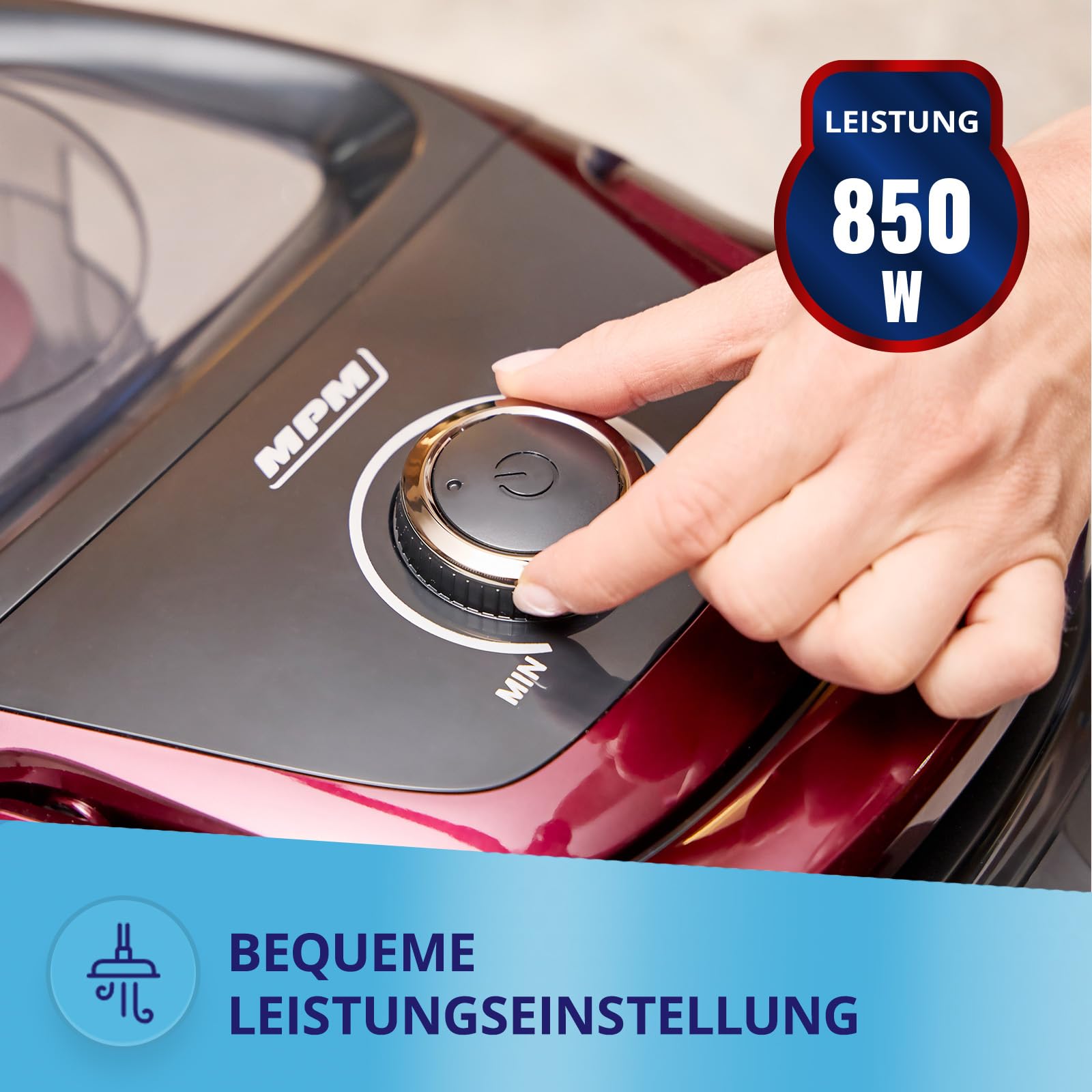 MPM Odkurzacz bezworkowy – pojemnik 2,5 l – filtr HEPA – z nasadkami/akcesoriami i uchwytem teleskopowym – 850 W