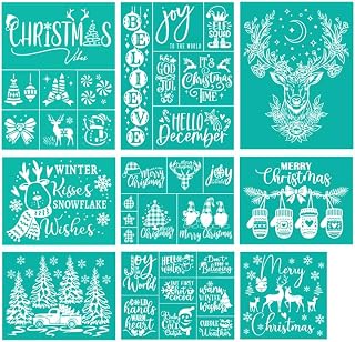 JAJADO Christmas Reusable Silk Screen Stencils 9 Pcs, Winter Holiday Xmas Silk Screen Transfers Mesh Stencil Reusable Self-Adhesive Screen Printing Stencils for Wood, Fabric, Card, DIY Home Decor