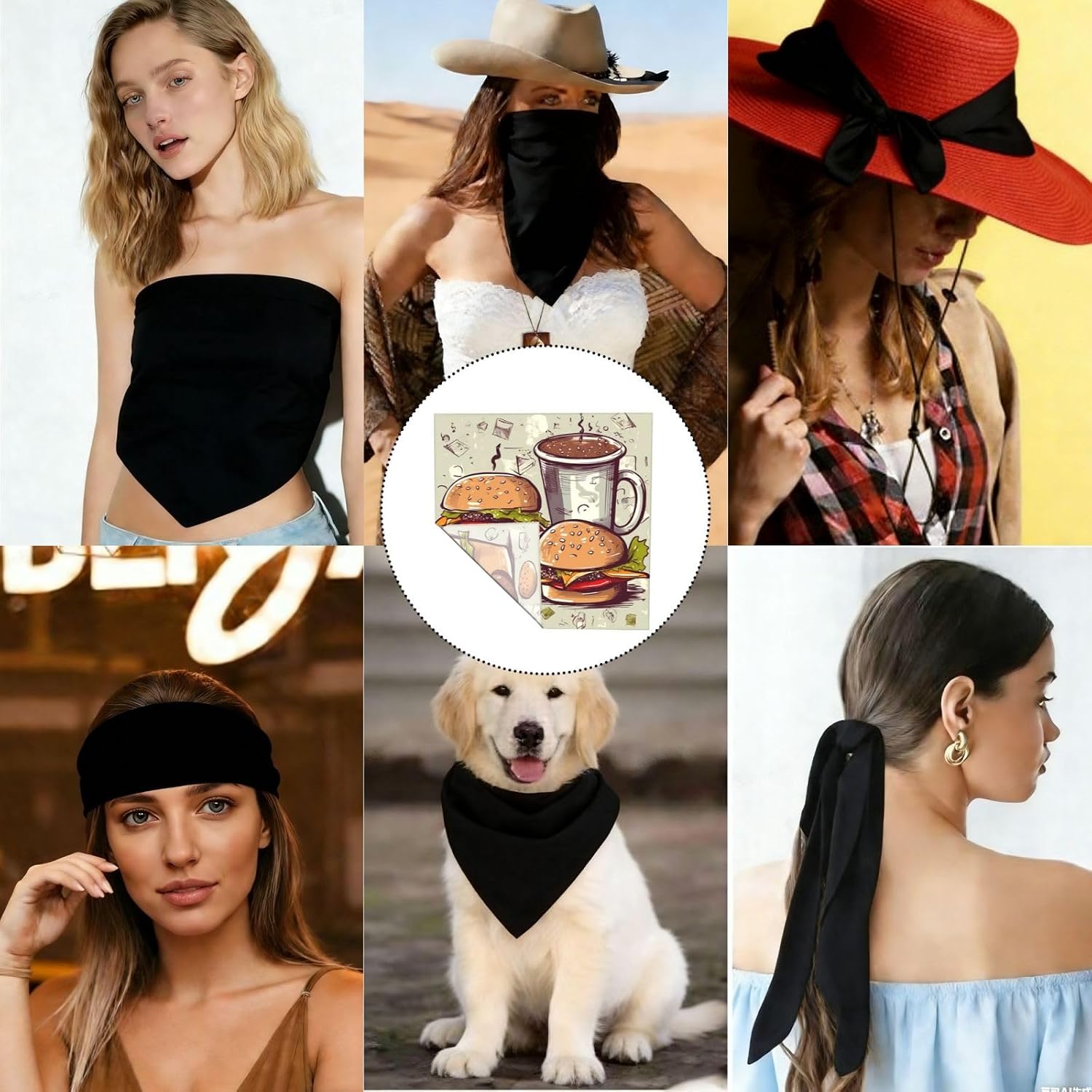 Cooling Bandanas for Men Women Square Hair Scarf 22" x 22" Novelty Headband Funny Food Hamburgers and Mugs Neckerchief