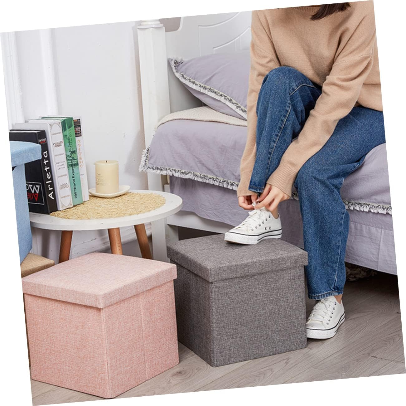 Collapsible Stool Storage Fabric Storage Box Multi-Functional Footstool Easy to Store