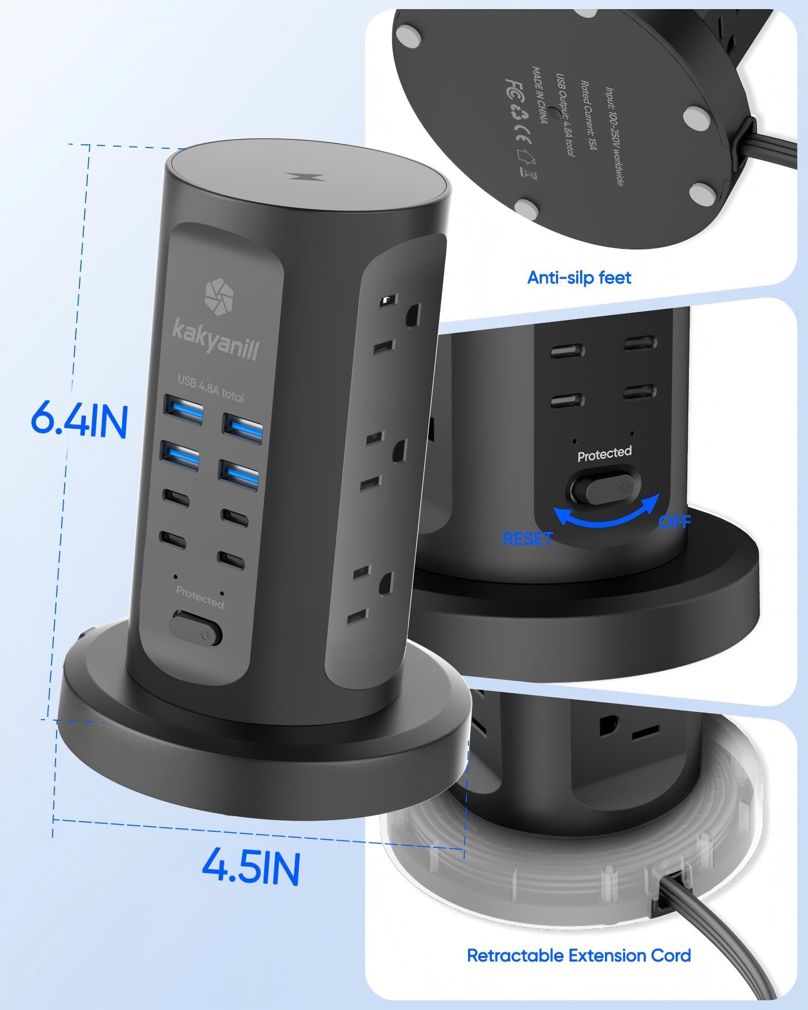 Steckdosenleiste Tower, kakyanill Überspannungsschutz-Turm 9 AC-Steckdosen 8 USB (4 USB C), 1,8 m einziehbares Verlängerungskabel, Ladestation für Büro, Schlafsaal, Schwarz