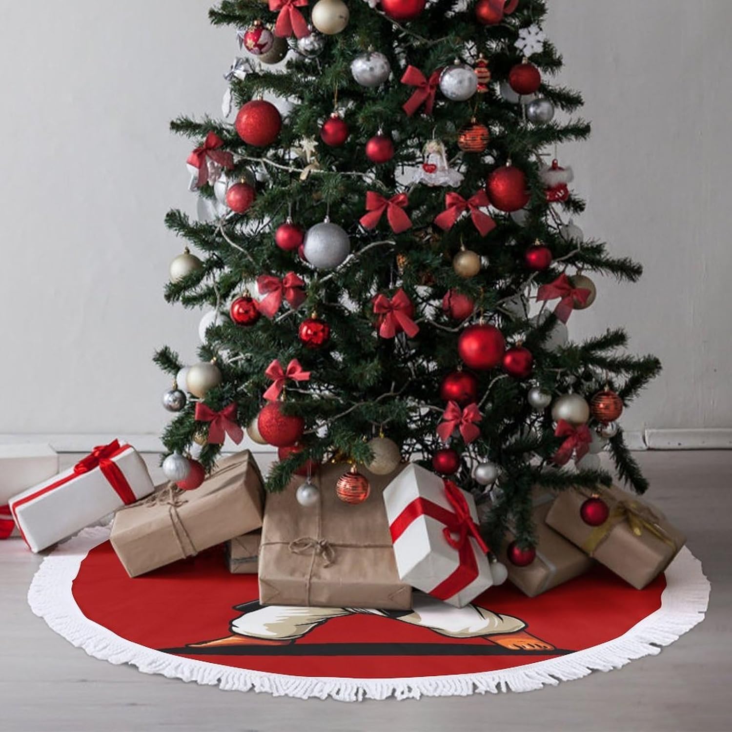 Karate Carrot Christmas Tree Skirt Round Xmas Tree Mat Ornaments Tree Skirts with Tassels for Holiday Party
