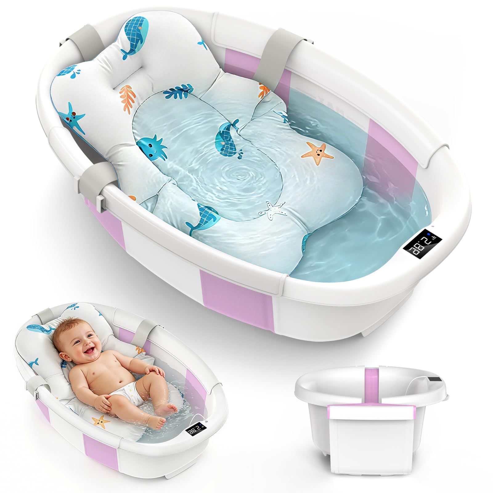 Photo 1 of Collapsible Baby Bathtub for Newborn to Toddler 0-36 Months, Large Baby Bath Tub with Thermometer & Cushion, Easy Setup Foldable Travel Infant Bathtub, Newborn Babies Boy Girls Bath Tubs Purple Size