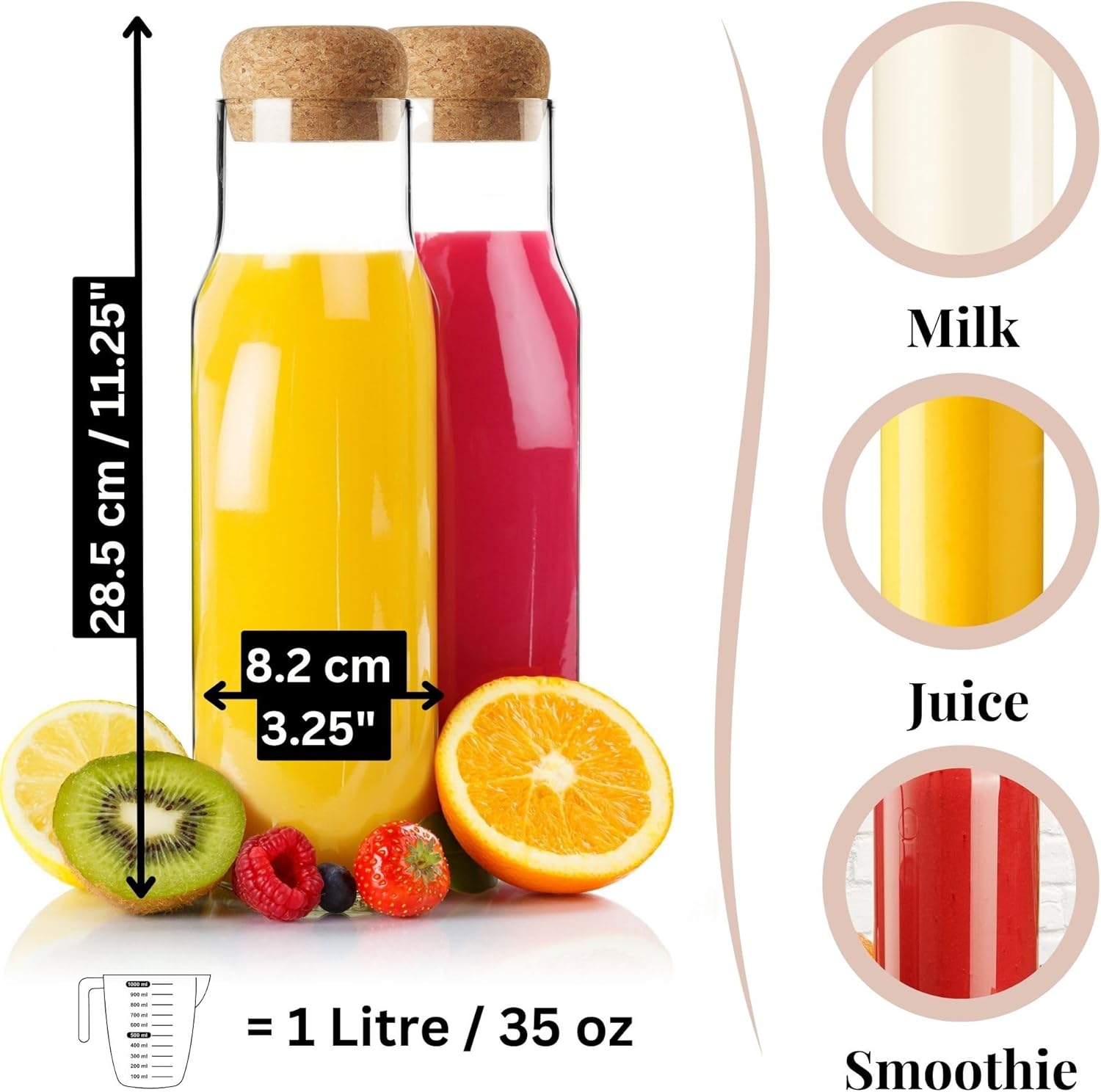 Wrenbury Fridge Glass Carafe with Stopper Set of 2 - Borosilicate Glass Milk Bottle Water Pitcher with Lid 35 oz - Laundry Powder Storage