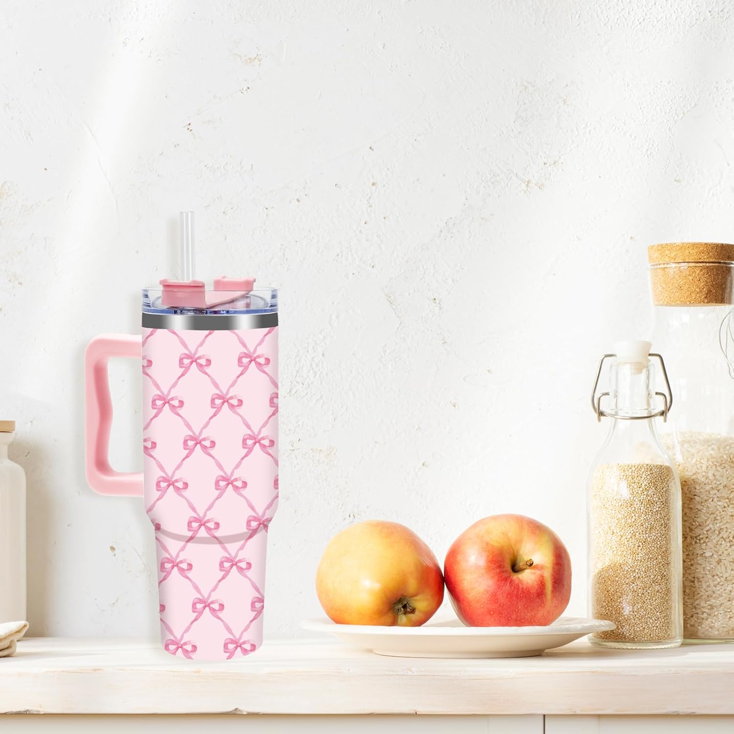 Pink Bow Tumbler with Handle Straw and Lid 40oz Pink Ribbon Bow Stainless Steel Cup Travel Coffee Tumbler Cup for Home Office Holiday Birthday - Image 6