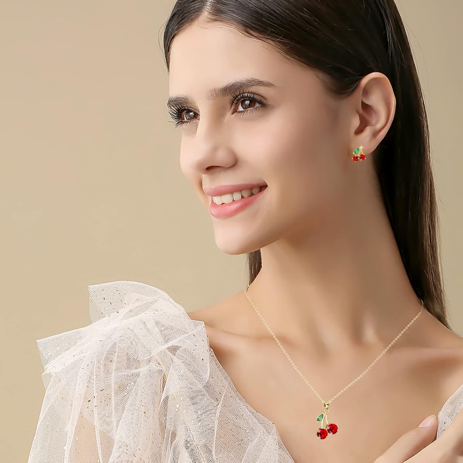 VONSSY Red Cherry Pendant Necklace Created-Ruby Flower Fruit Selected Cubic Zirconia Jewelry Gift for Woman Wife - Image 7