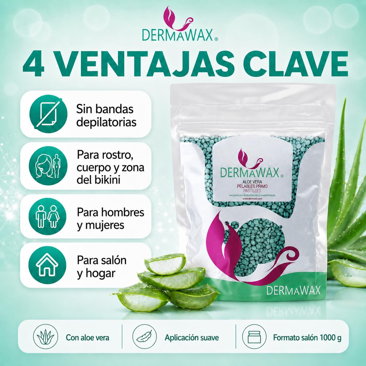 Perlas de Cera Aloe Vera 1 kg Profesional – Cera Depilatoria Sin Bandas para Piel Sensible, Brasileña, Facial y Corporal – Dermawax