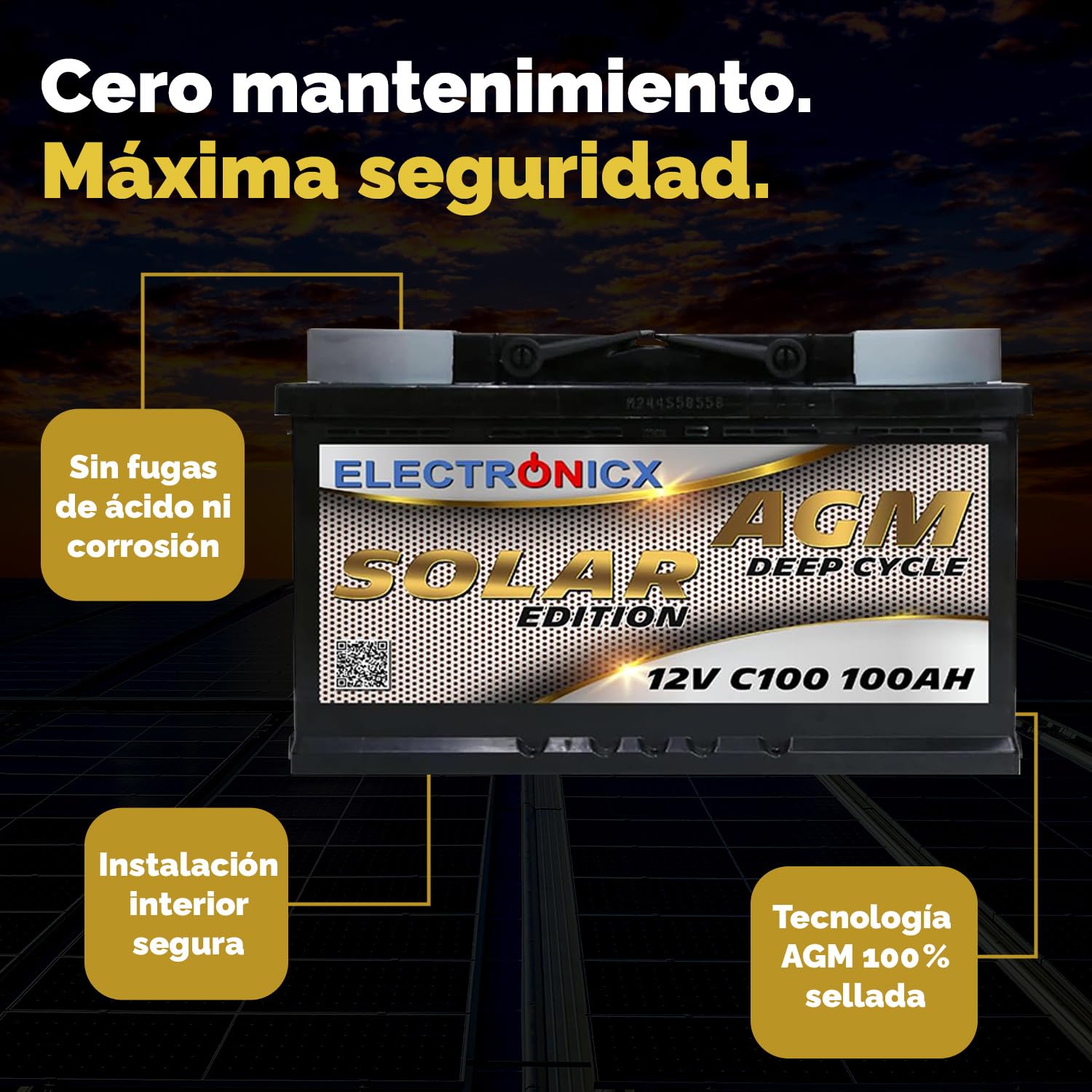 Batería Solar AGM 12V 100Ah Sin Mantenimiento, Ciclo Profundo para Caravana, Barco, Autocaravana, Caseta y Sistemas Solares Off-Grid – Electronicx Solar Edition Energía