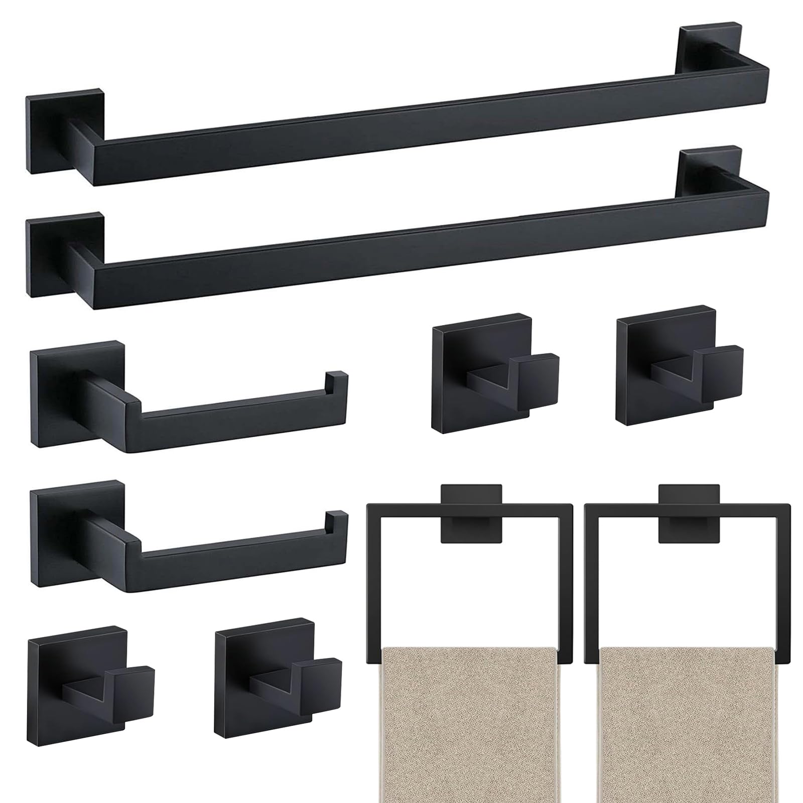 JOPOFI 10 Piece Bathroom Towel Bar Set - 23.6 Inch Bathroom Towel Holder, Thicken Stainless Steel Towel Racks for Bathroom Wall Mounted, Bathroom Hardware Accessories Set - Matte Black