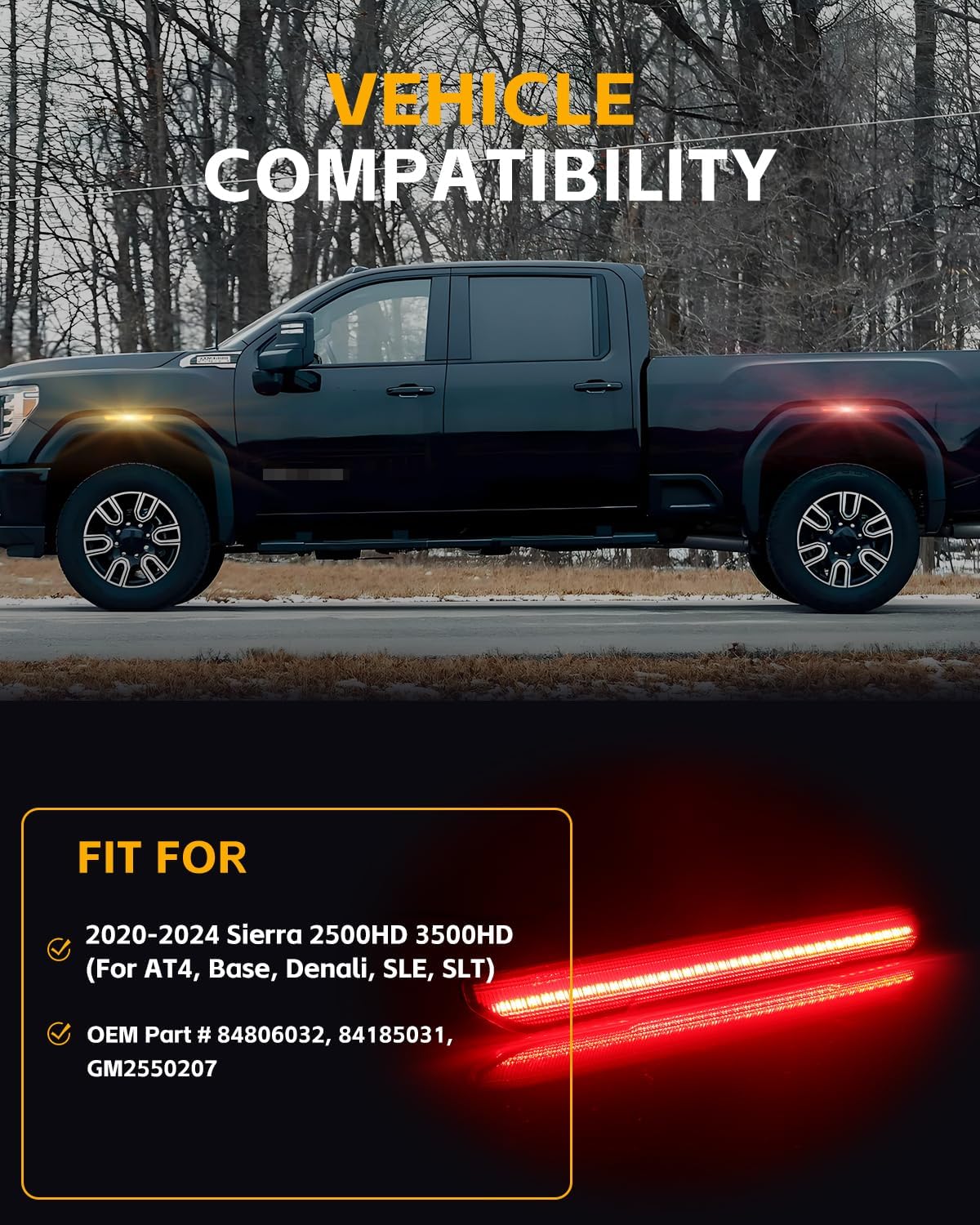 4 PCS Smoked LED Side Marker Light for Sierra 2500HD 3500HD 2020-2024, Full LED Strip Amber Front & Red Rear Bumper Light, Pickup Truck Fender Driver Passenger Sidemarker Lamps, Car Accessory