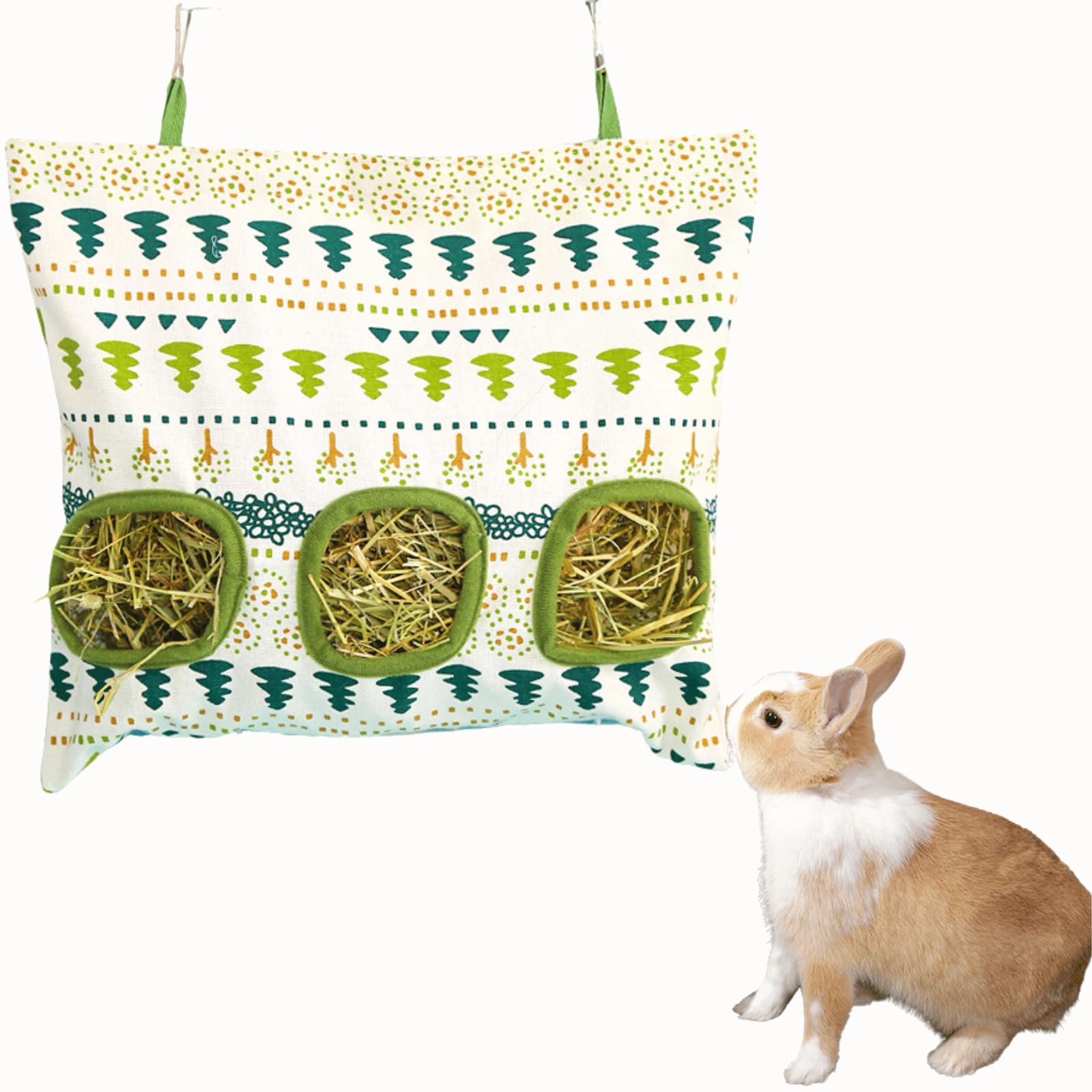 Rabbit Hay Feeder, Bunny Hay Bag for Rabbits,Rabbit Feeder Fabric Bag Feeder Storage Bag,Large Capacity Cotton Canvas Fabric Hanging Hay Feeder Bag for Small Animal,Hay Guinea Pig (White,M)