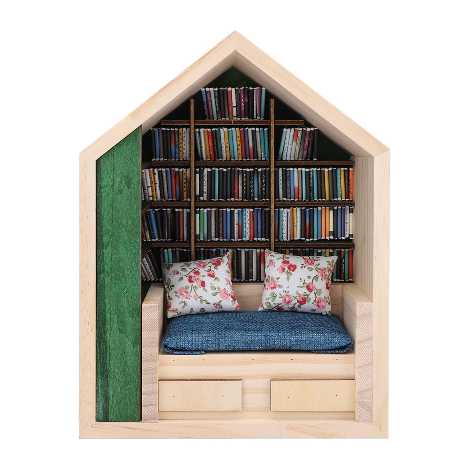Anxiety Bookshelf Ornament Small Wooden Bookshelf Delicate Craftsmanship Cute Stress Reliever Miniature Bookshelf with Books, Pillows for Book Lovers Home Offices Decor