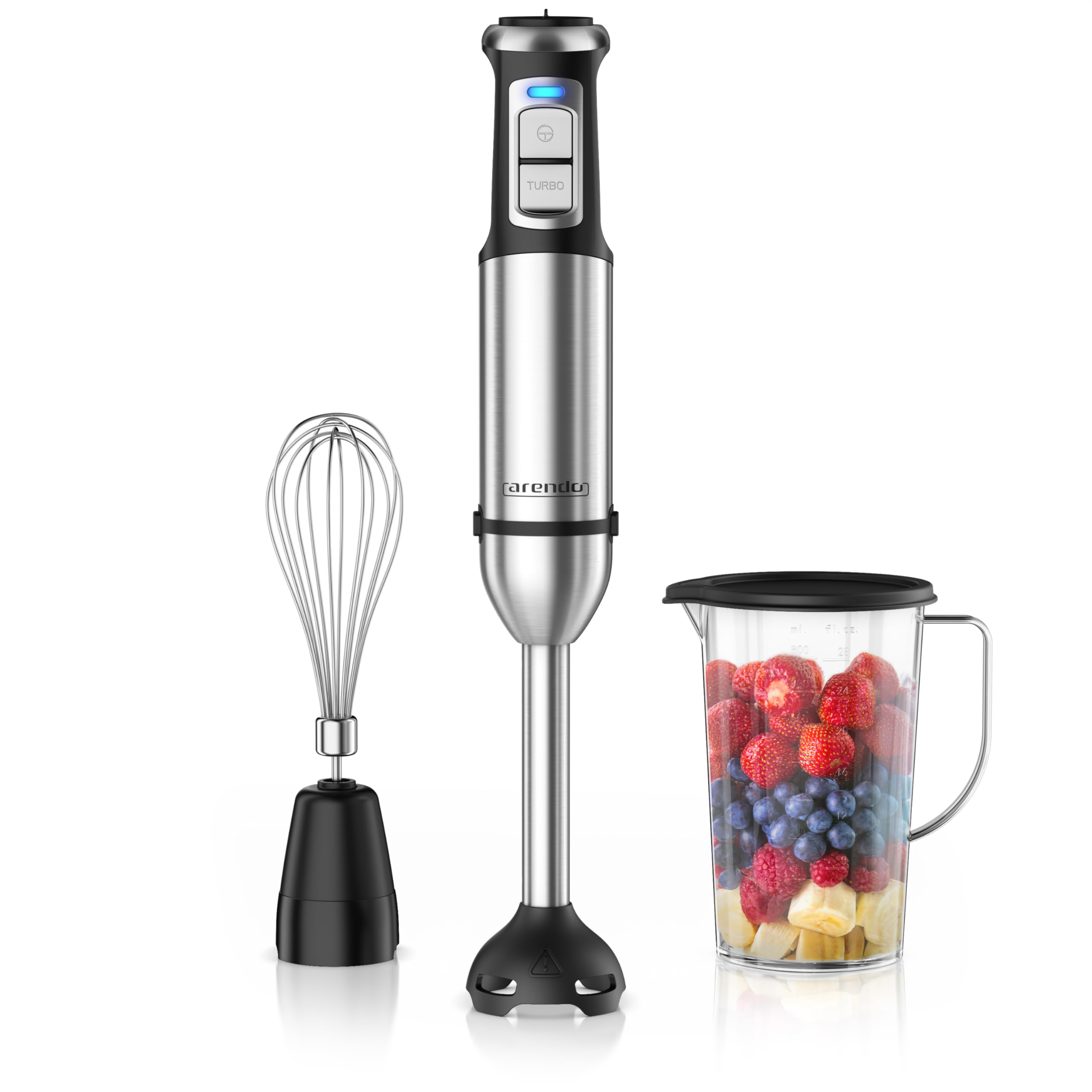 Arendo - Edelstahl Stabmixer 2000 Watt - Handmixer Set - Pürierstab - stufenlose Geschwindigkeit - Turbotaste – Mixfuß mit Edelstahlmesser - Schneebesen – BPA-frei