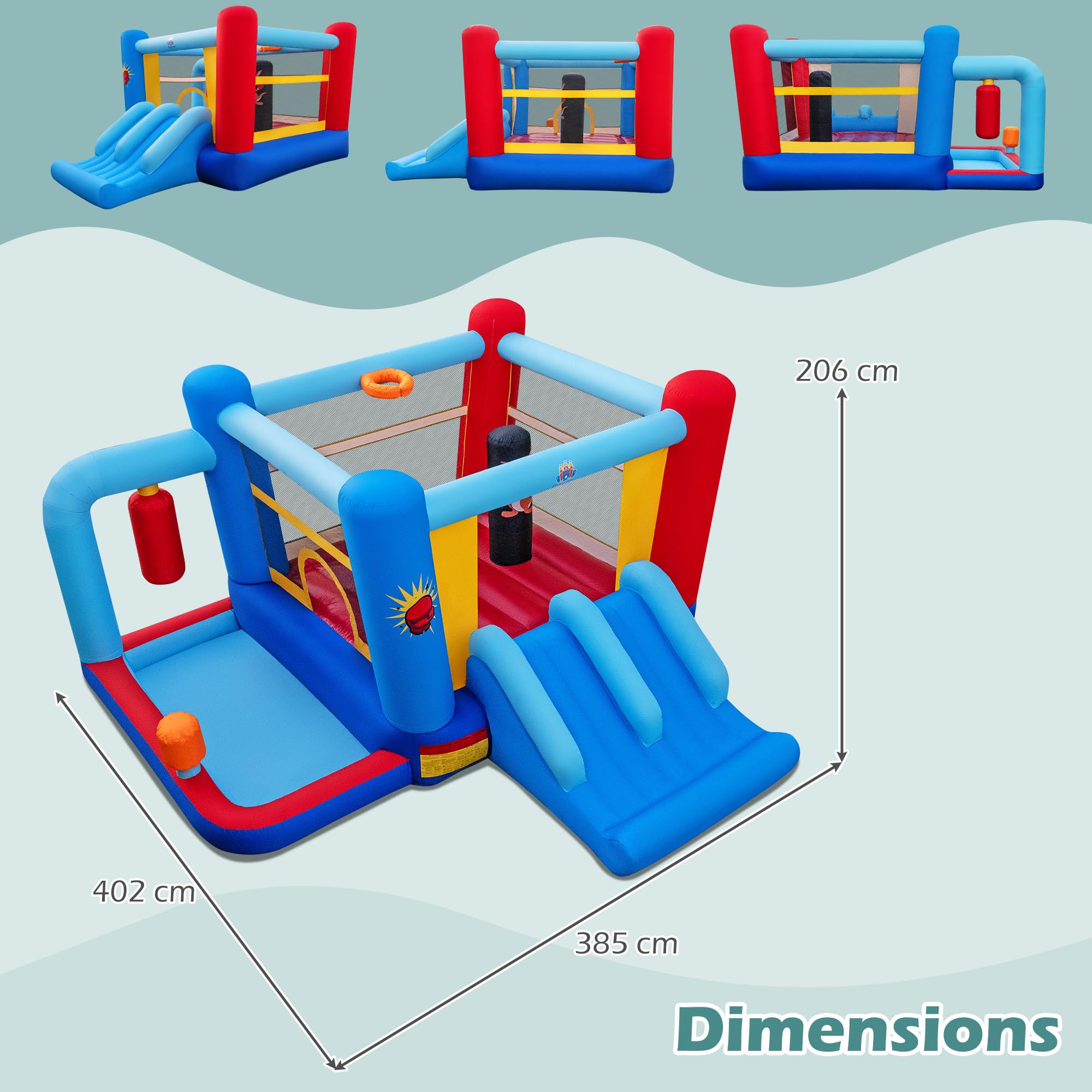 Giantex - Castillo hinchable para niños, exterior, con soplador, 550 W, parque acuático inflable con bolsas de golpeo, piscina, cesta de baloncesto, tobogán, para niños y niñas, 3-12 años, carga 90 kg