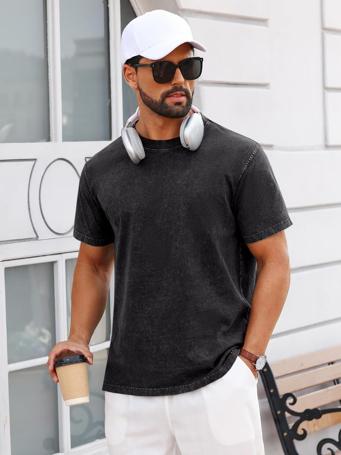 Runcati Mens Short Sleeve T-Shirts 100% Cotton Heavyweight Casual Crew Neck Shirt Vintage Acid Wash Summer Tees - Image 4