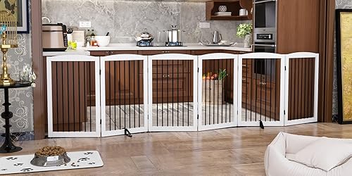 Miniatura 10 de Puerta independiente plegable para mascotas para perros, puerta plegable de madera para perros para la casa, barrera interior extra ancha para Negro