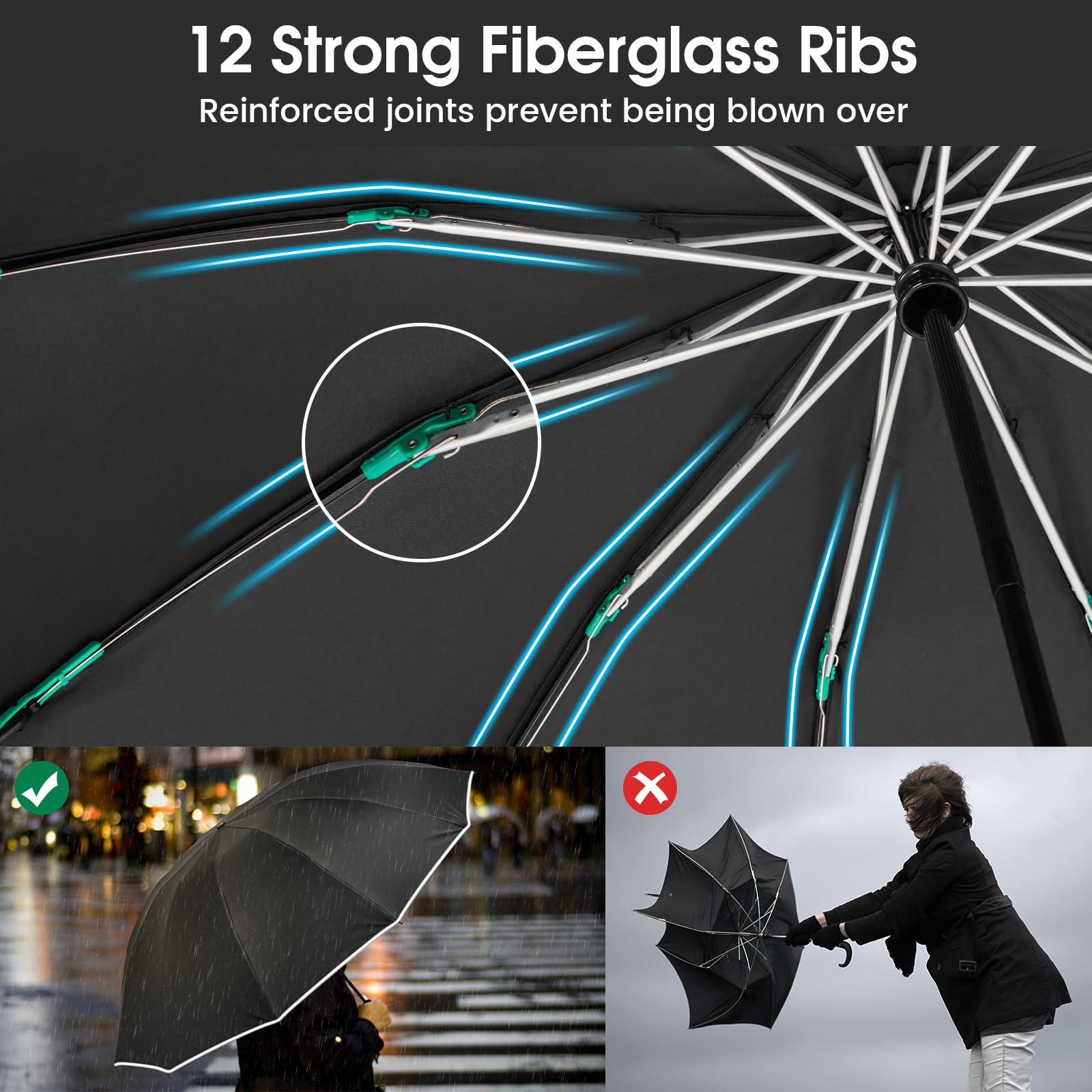 G4Free Grand parapluie coupe-vent inversé pour la pluie et le soleil, 12 baleines, double auvent robuste avec bande réfléchissante, ouverture automatique avec joints nervurés renforcés, parapluie de