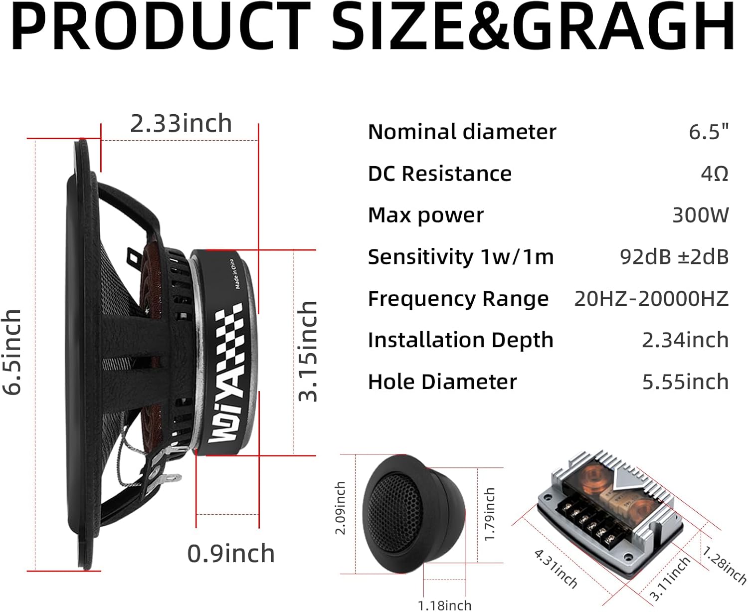 6.5" Components Car Speaker Carbon Fiber Cone Professional Car Sound System High Sensitivity Stereo Automotive Speaker Includes 2 Mid Bass Speakers, High Pitch Speakers, and Divider (Suit)