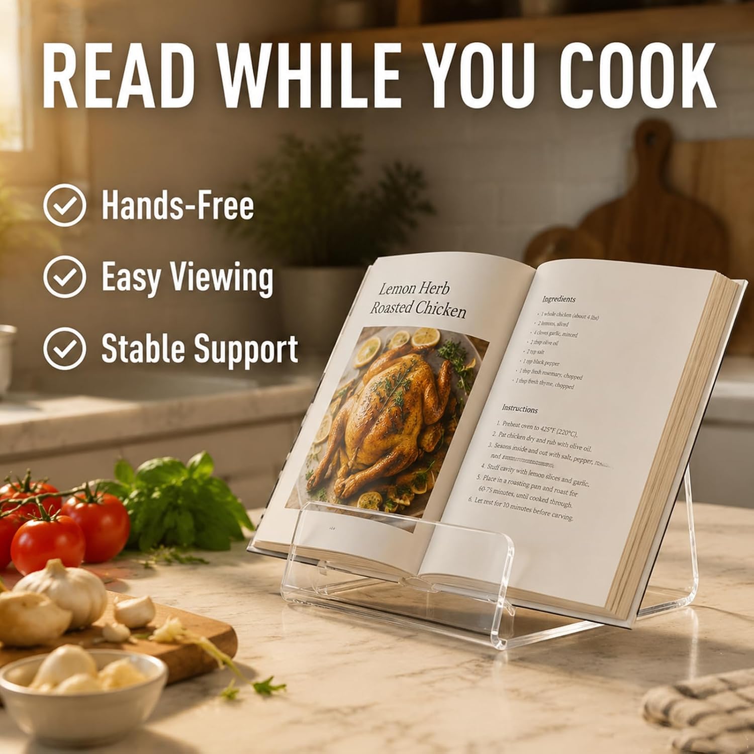 Clear Acrylic Cookbook Stand for Kitchen Counter, Recipe Book Holder and Magazine Display Easel, Transparent Reading Stand for Tablet, Menu, Picture Frame, Desk, Cooking and Studying