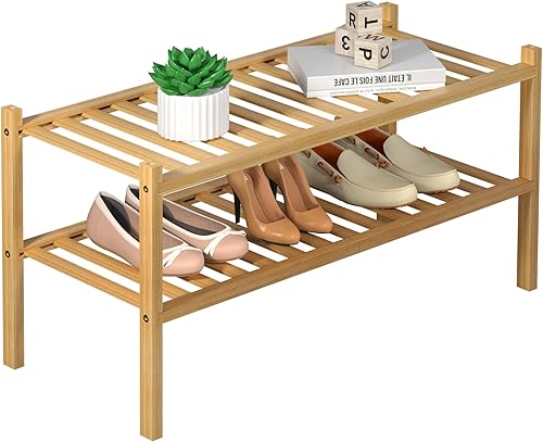 Miniatura 36 de Estante de zapatos de bambú de 2 niveles, organizador de almacenamiento independiente para armario y entrada, apilable, 35"x11"x13" (negro)